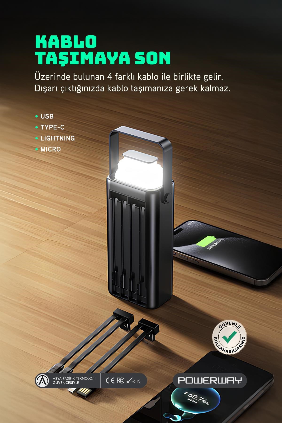 30.000 Mah Pd 22.5W Dahili Kablolu Hızlı Şarj Led Fener Gerçek 30.000 Mah PD30 Siyah Powerbank