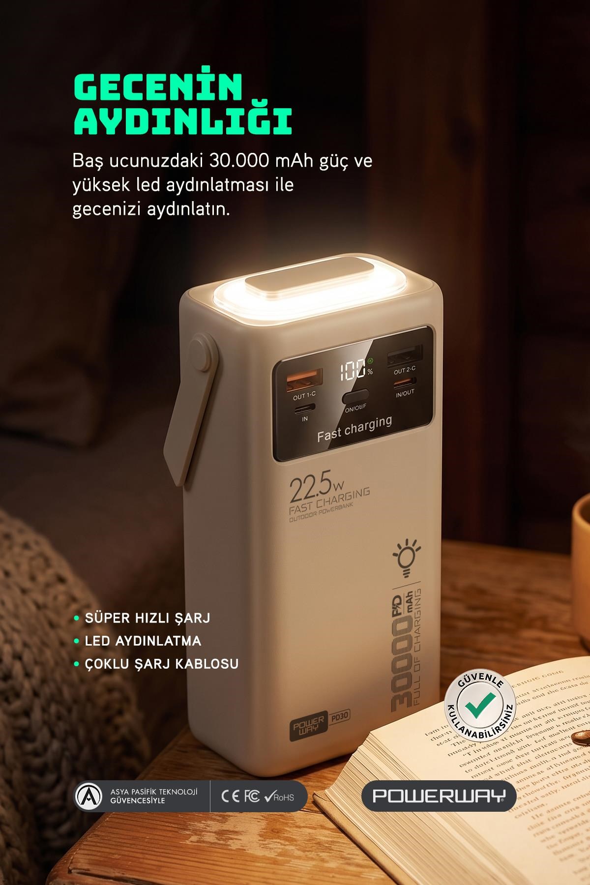 30.000 Mah Pd 22.5W Dahili Kablolu Hızlı Şarj Led Fener Gerçek 30.000 Mah PD30 Beyaz Powerbank