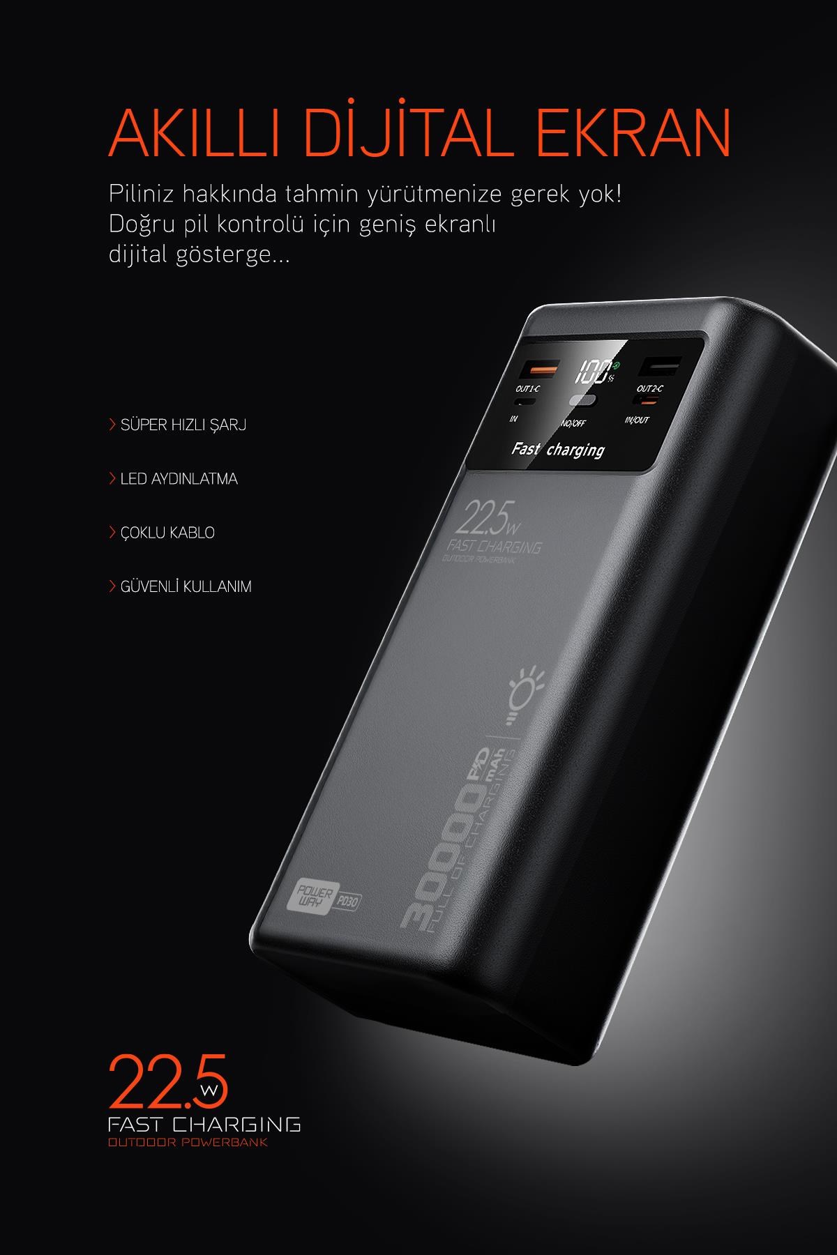 30.000 Mah Pd 22.5W Dahili Kablolu Hızlı Şarj Led Fener Gerçek 30.000 Mah PD30 Beyaz Powerbank