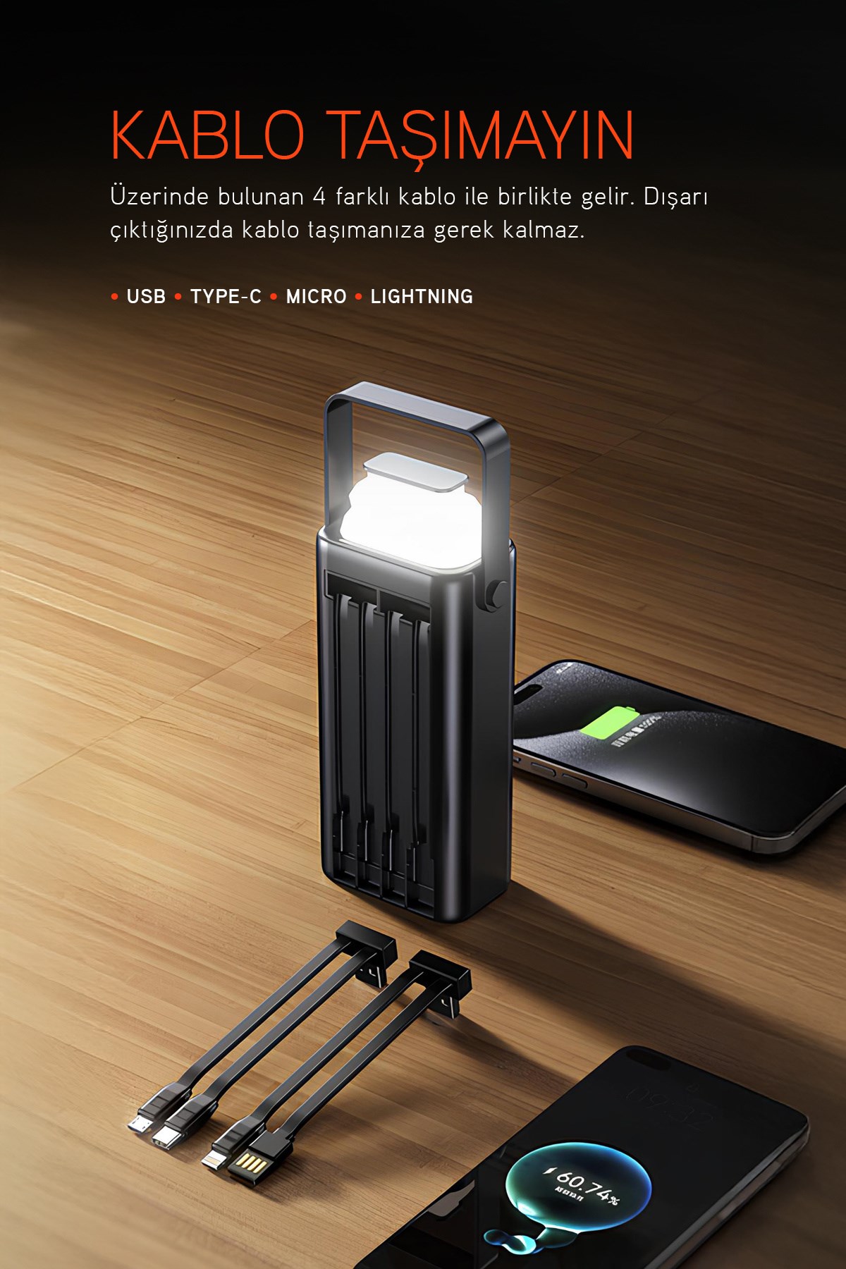 30.000 Mah Pd 22.5W Dahili Kablolu Hızlı Şarj Led Fener Gerçek 30.000 Mah PD30 Siyah Powerbank