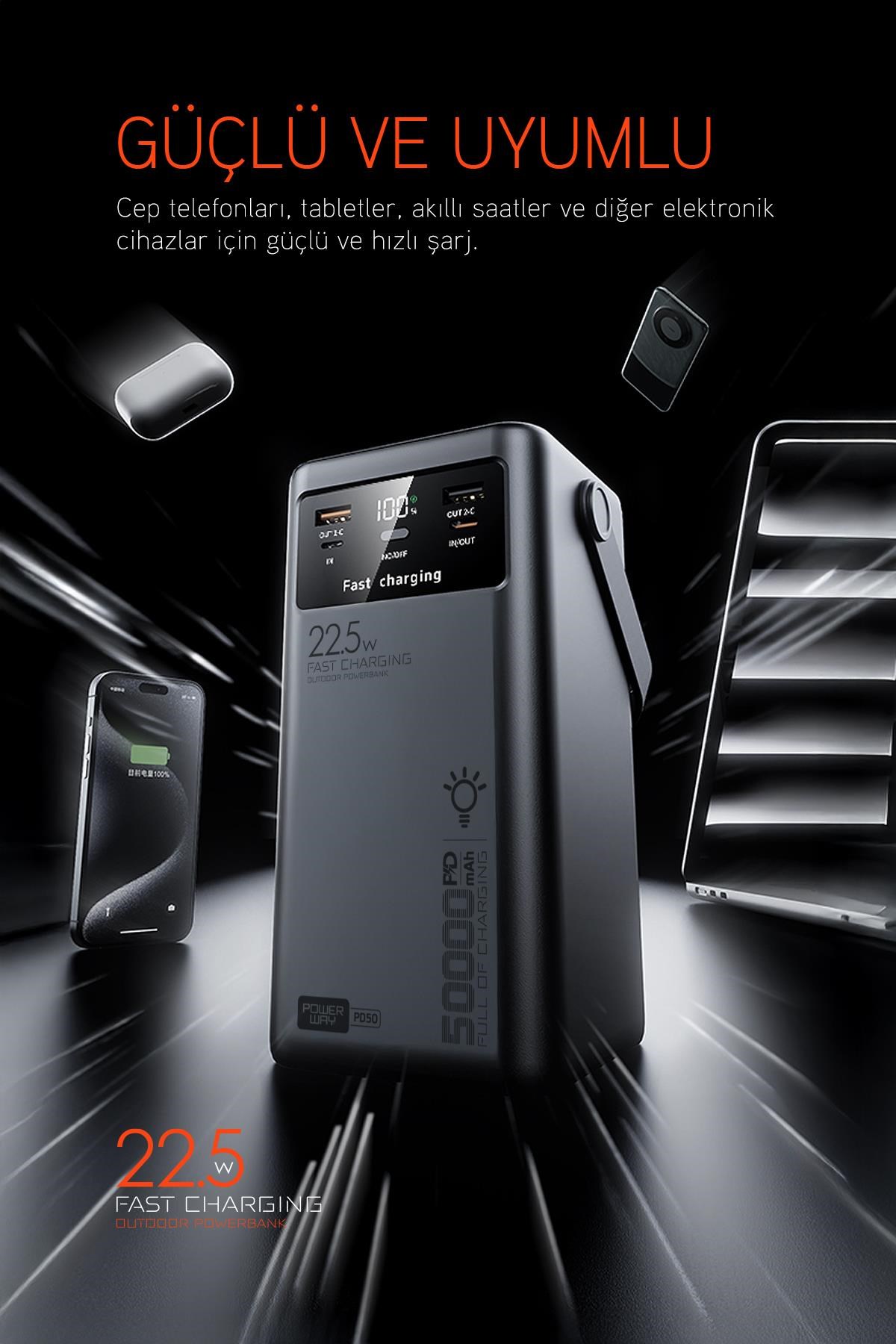 50.000 mAh PD 22.5w Hızlı Şarj Dahili Kablolu Kamp Taşınabilir Güç Kaynağı Beyaz PD50 Powerbank