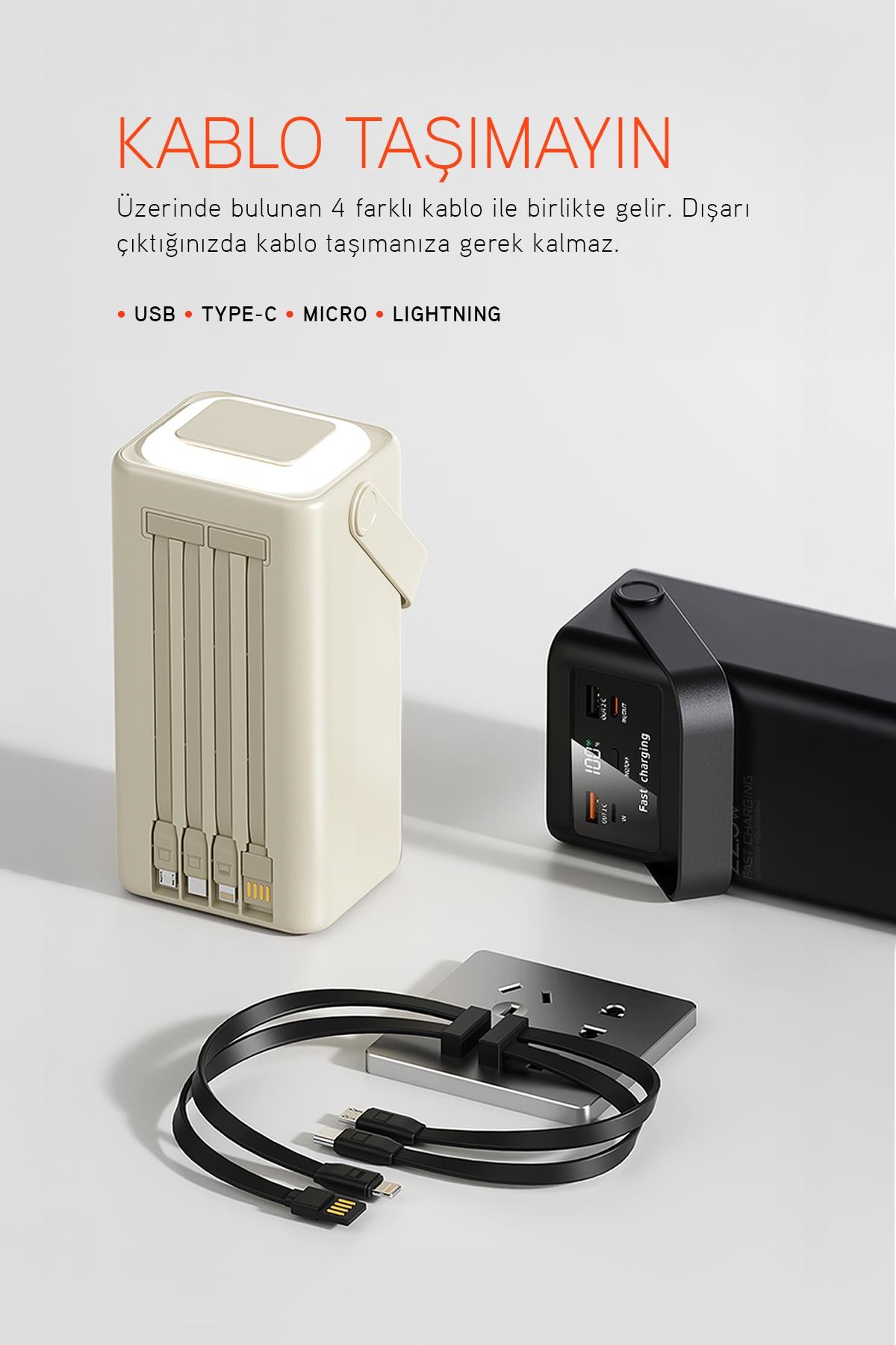 50.000 mAh PD 22.5w Hızlı Şarj Dahili Kablolu Kamp Taşınabilir Güç Kaynağı Beyaz PD50 Powerbank