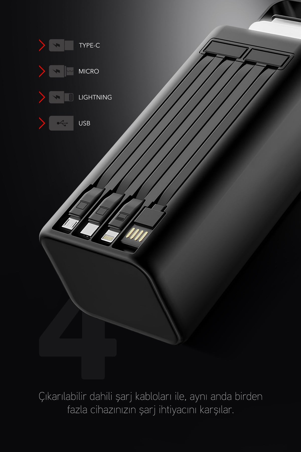 50.000 mAh PD 22.5W Hızlı Şarj Dahili Kablolu Kamp Taşınabilir Güç Kaynağı Siyah PD50 Powerbank