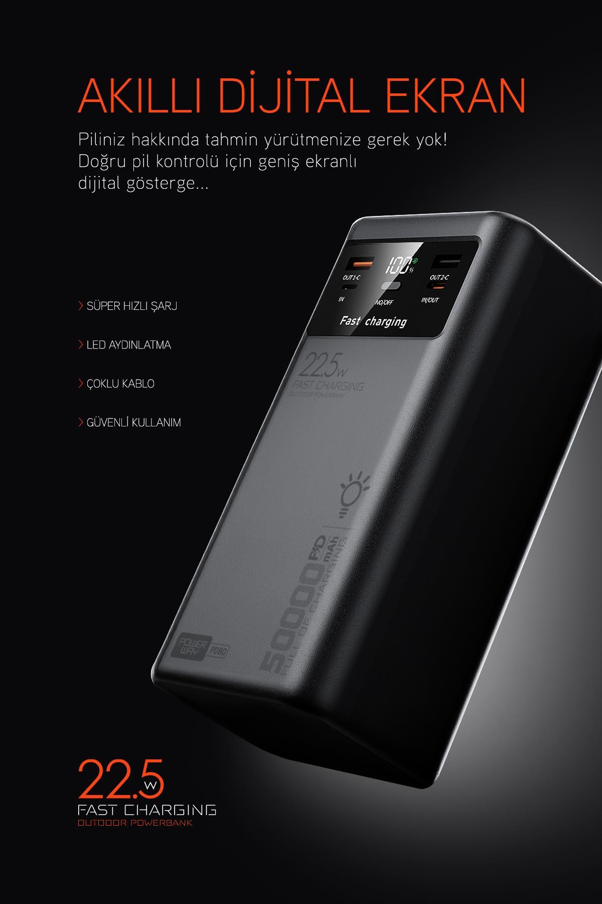 50.000 mAh PD 22.5w Hızlı Şarj Dahili Kablolu Kamp Taşınabilir Güç Kaynağı Beyaz PD50 Powerbank