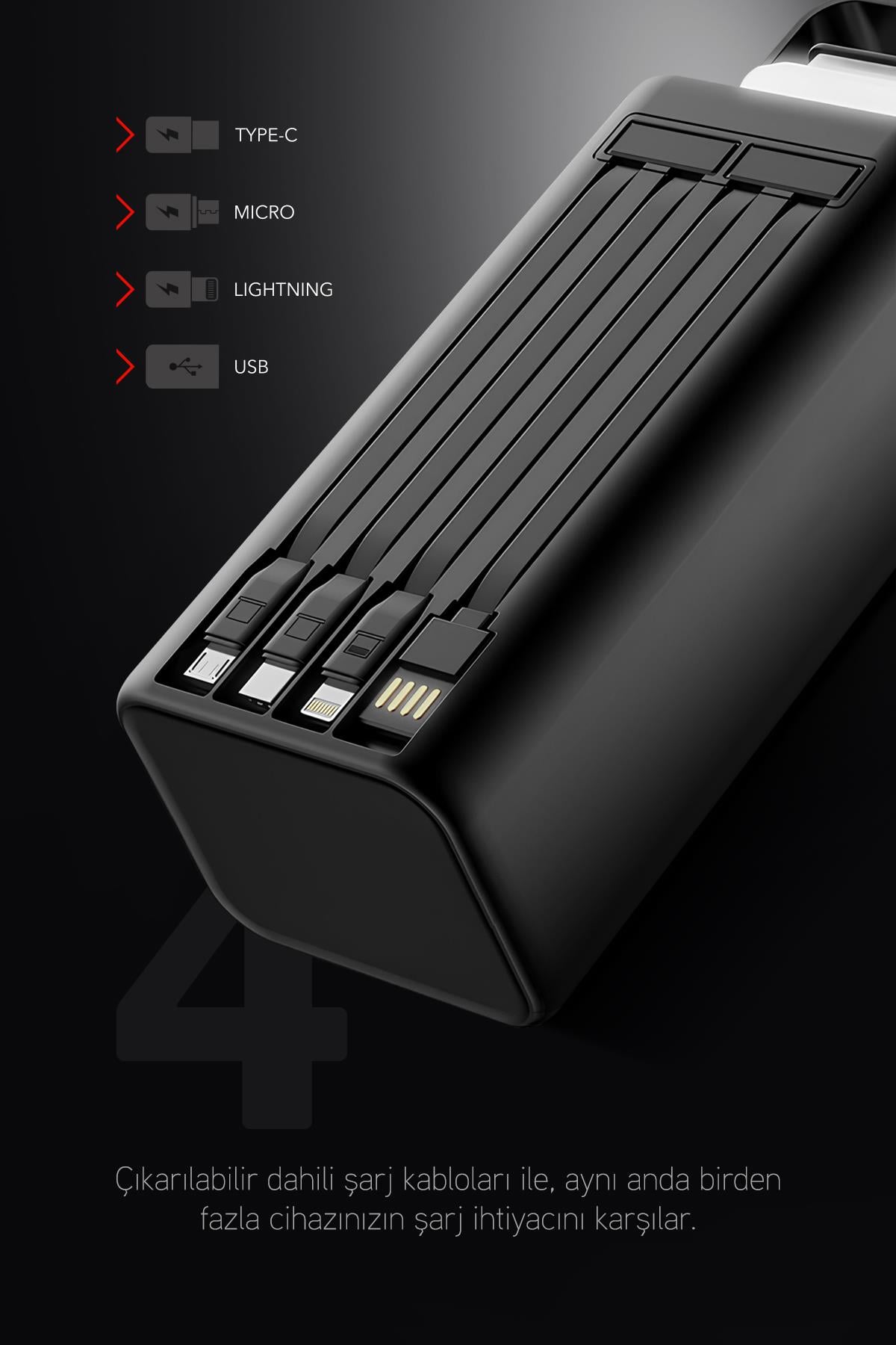 50.000 mAh PD 22.5W Hızlı Şarj Dahili Kablolu Kamp Taşınabilir Güç Kaynağı Siyah PD50 Powerbank