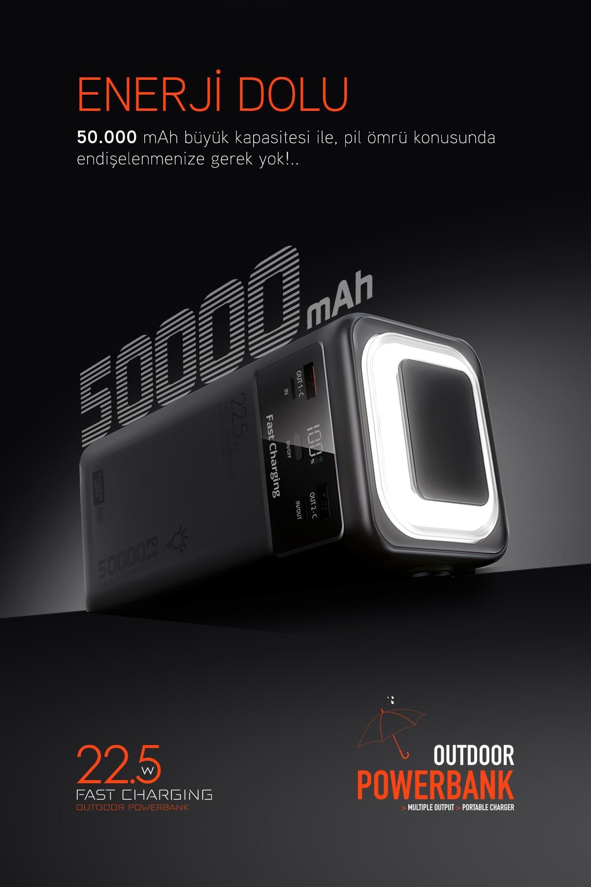 50.000 mAh PD 22.5w Hızlı Şarj Dahili Kablolu Kamp Taşınabilir Güç Kaynağı Beyaz PD50 Powerbank