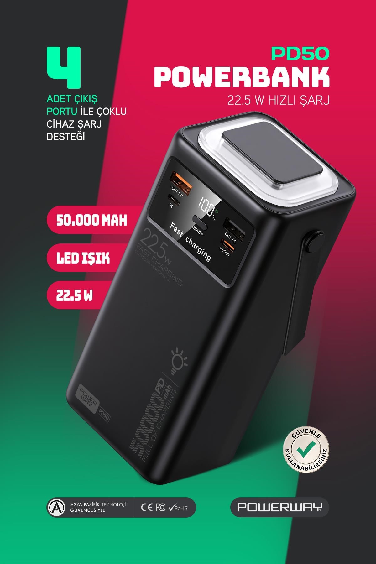 50.000 mAh PD 22.5W Hızlı Şarj Dahili Kablolu Kamp Taşınabilir Güç Kaynağı Siyah PD50 Powerbank