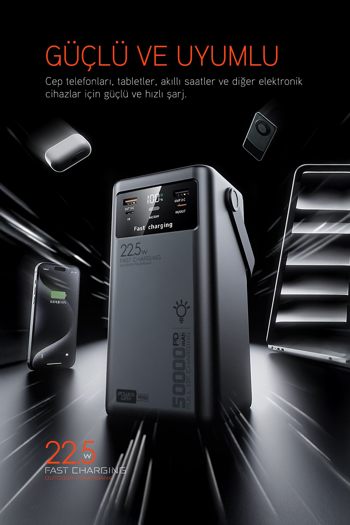 50.000 mAh PD 22.5W Hızlı Şarj Dahili Kablolu Kamp Taşınabilir Güç Kaynağı Siyah PD50 Powerbank