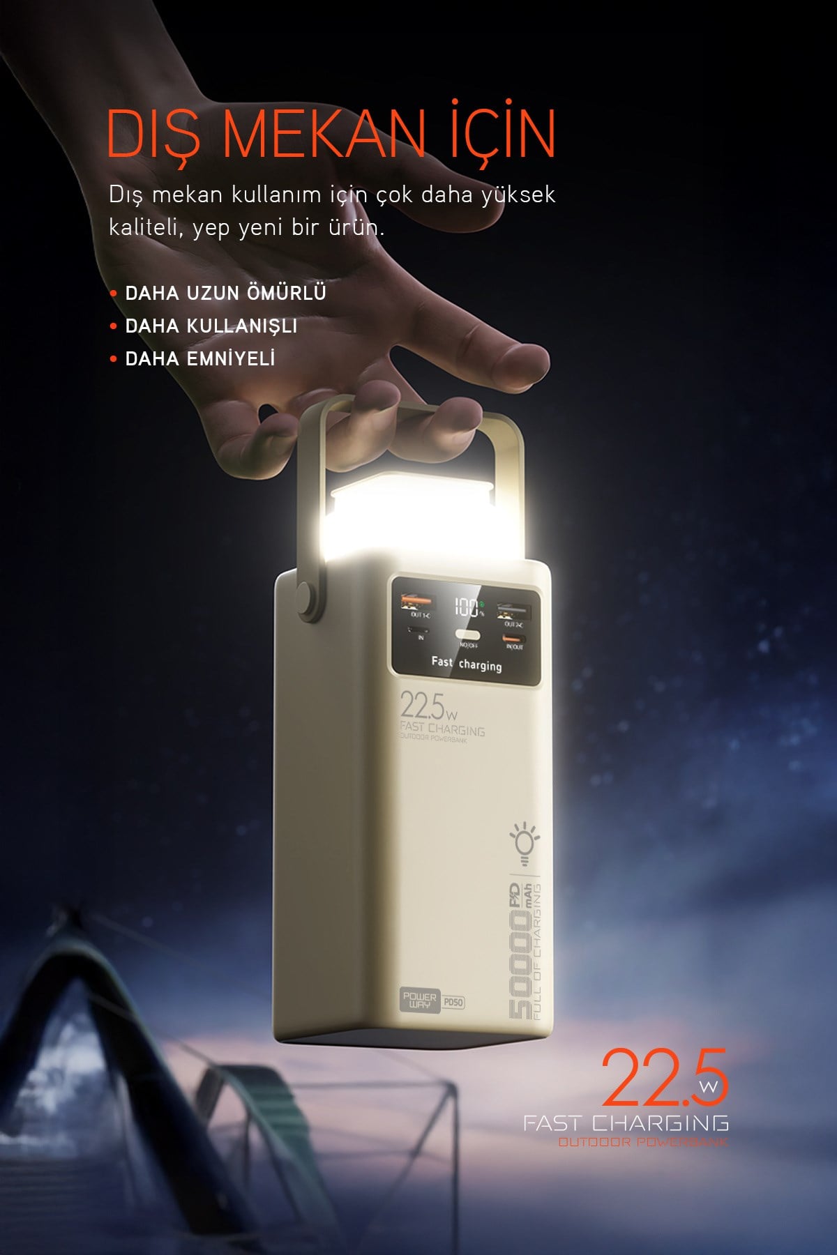 50.000 mAh PD 22.5W Hızlı Şarj Dahili Kablolu Kamp Taşınabilir Güç Kaynağı Siyah PD50 Powerbank