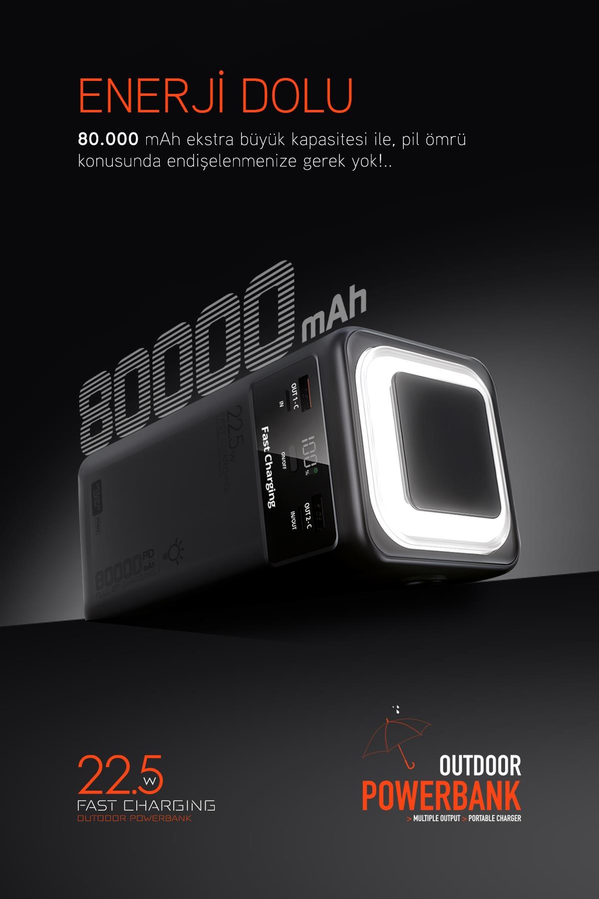 80.000 mAh PD 22.5W Hızlı Şarj Dahili Kablolu Kamp Taşınabilir Güç Kaynağı Beyaz PD80 Powerbank
