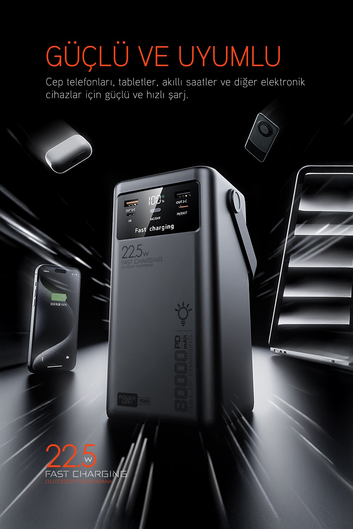 80.000 mAh PD 22.5W Hızlı Şarj Dahili Kablolu Kamp Taşınabilir Güç Kaynağı Siyah PD80 Powerbank