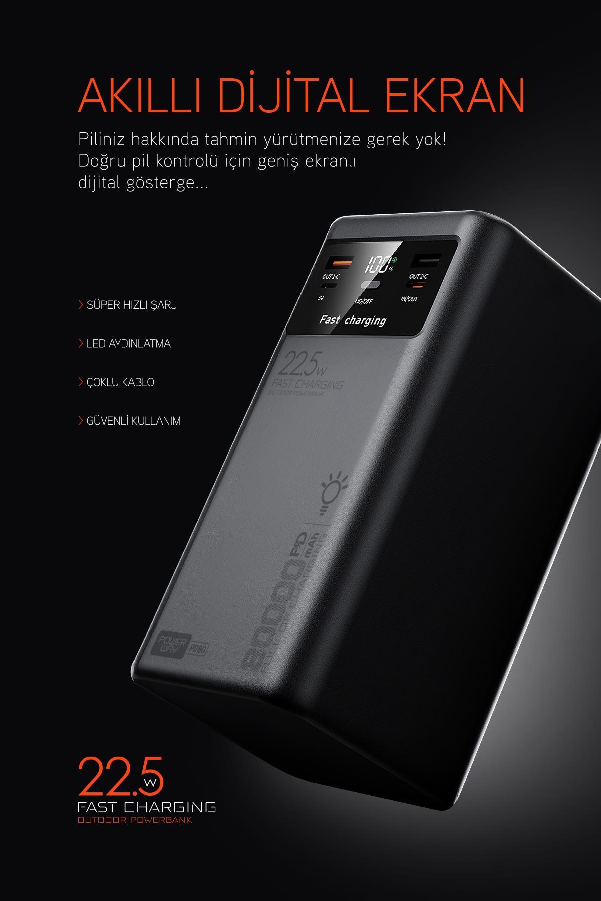 80.000 mAh PD 22.5W Hızlı Şarj Dahili Kablolu Kamp Taşınabilir Güç Kaynağı Beyaz PD80 Powerbank