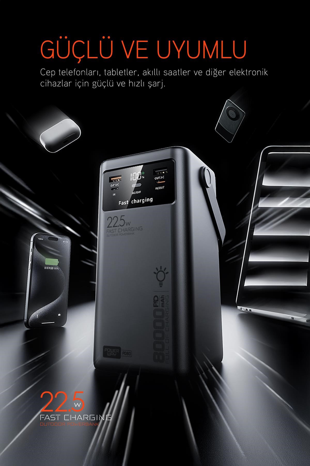 80.000 mAh PD 22.5W Hızlı Şarj Dahili Kablolu Kamp Taşınabilir Güç Kaynağı Beyaz PD80 Powerbank