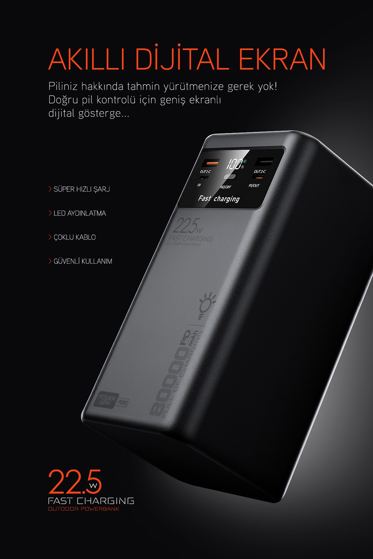 80.000 mAh PD 22.5W Hızlı Şarj Dahili Kablolu Kamp Taşınabilir Güç Kaynağı Siyah PD80 Powerbank