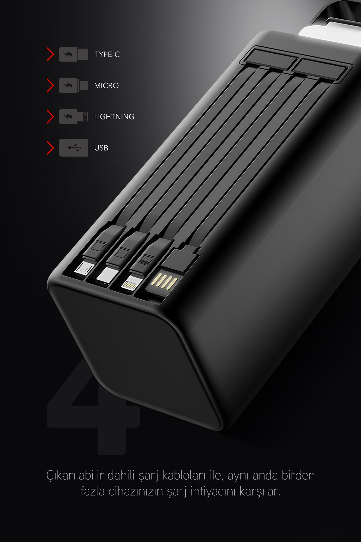 80.000 mAh PD 22.5W Hızlı Şarj Dahili Kablolu Kamp Taşınabilir Güç Kaynağı Siyah PD80 Powerbank