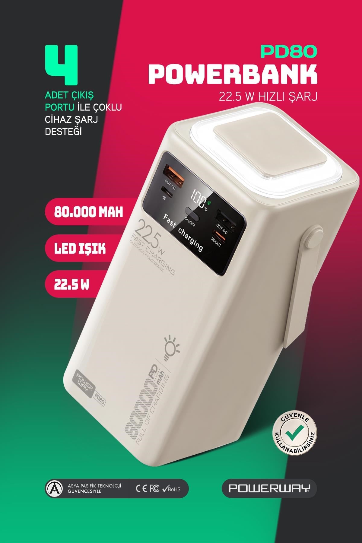 80.000 mAh PD 22.5W Hızlı Şarj Dahili Kablolu Kamp Taşınabilir Güç Kaynağı Beyaz PD80 Powerbank