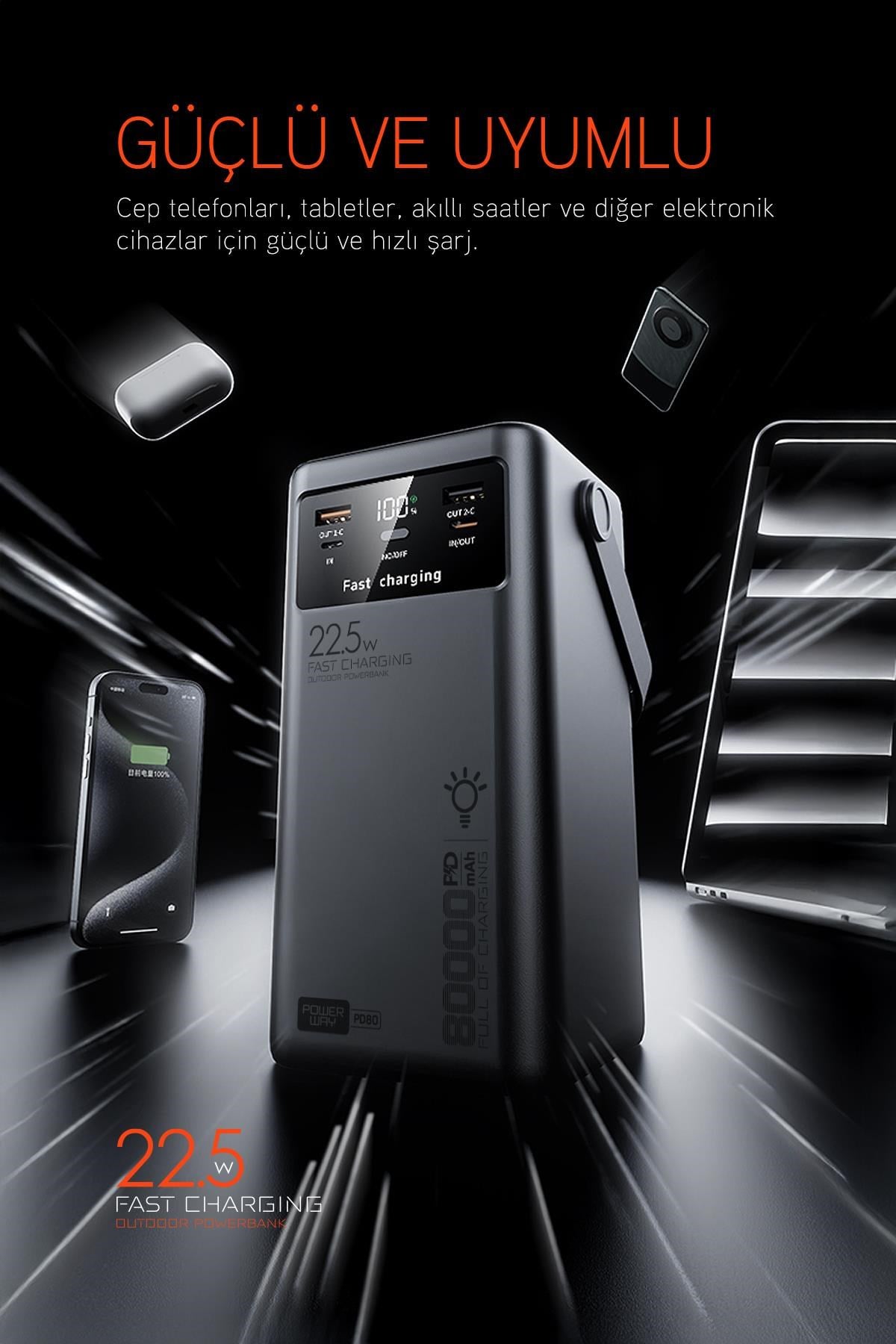 80.000 mAh PD 22.5W Hızlı Şarj Dahili Kablolu Kamp Taşınabilir Güç Kaynağı Beyaz PD80 Powerbank