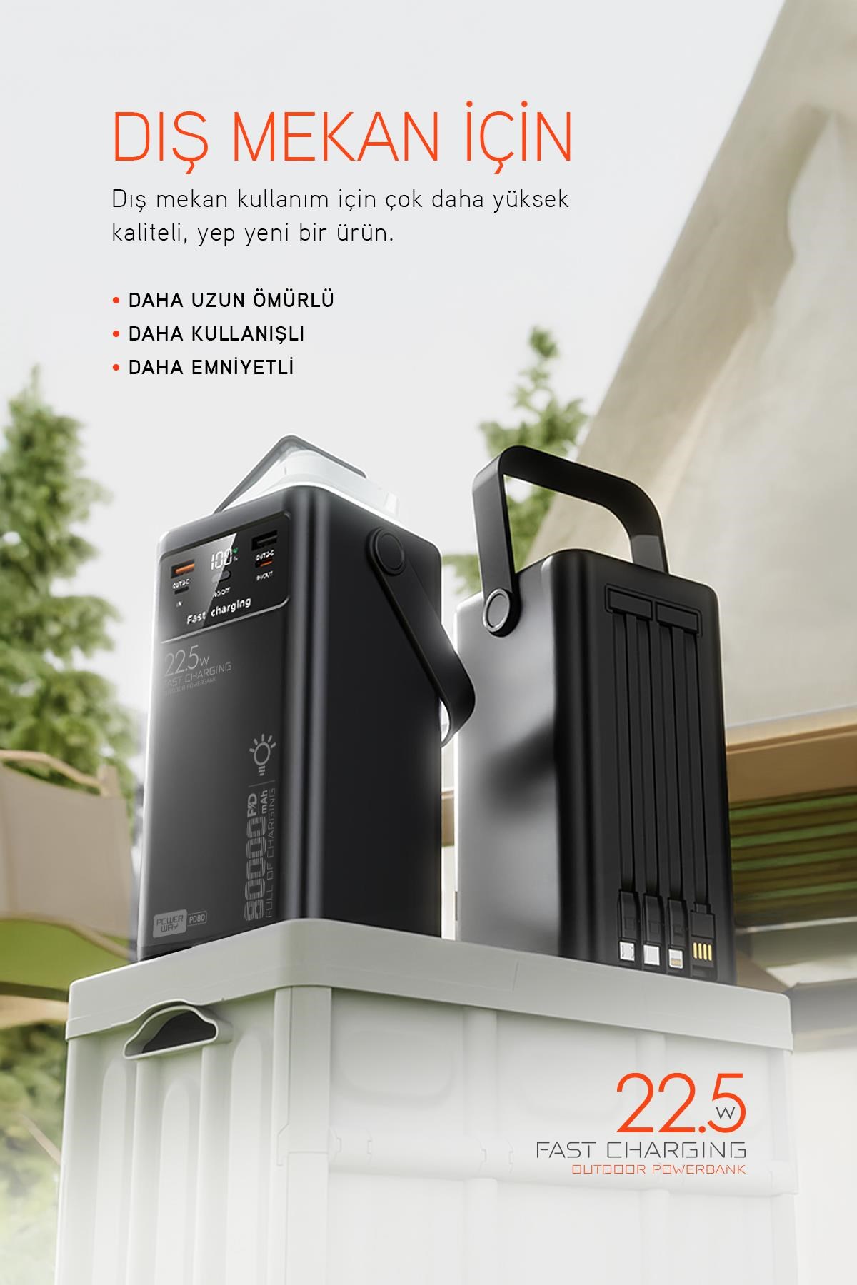 80.000 mAh PD 22.5W Hızlı Şarj Dahili Kablolu Kamp Taşınabilir Güç Kaynağı Beyaz PD80 Powerbank