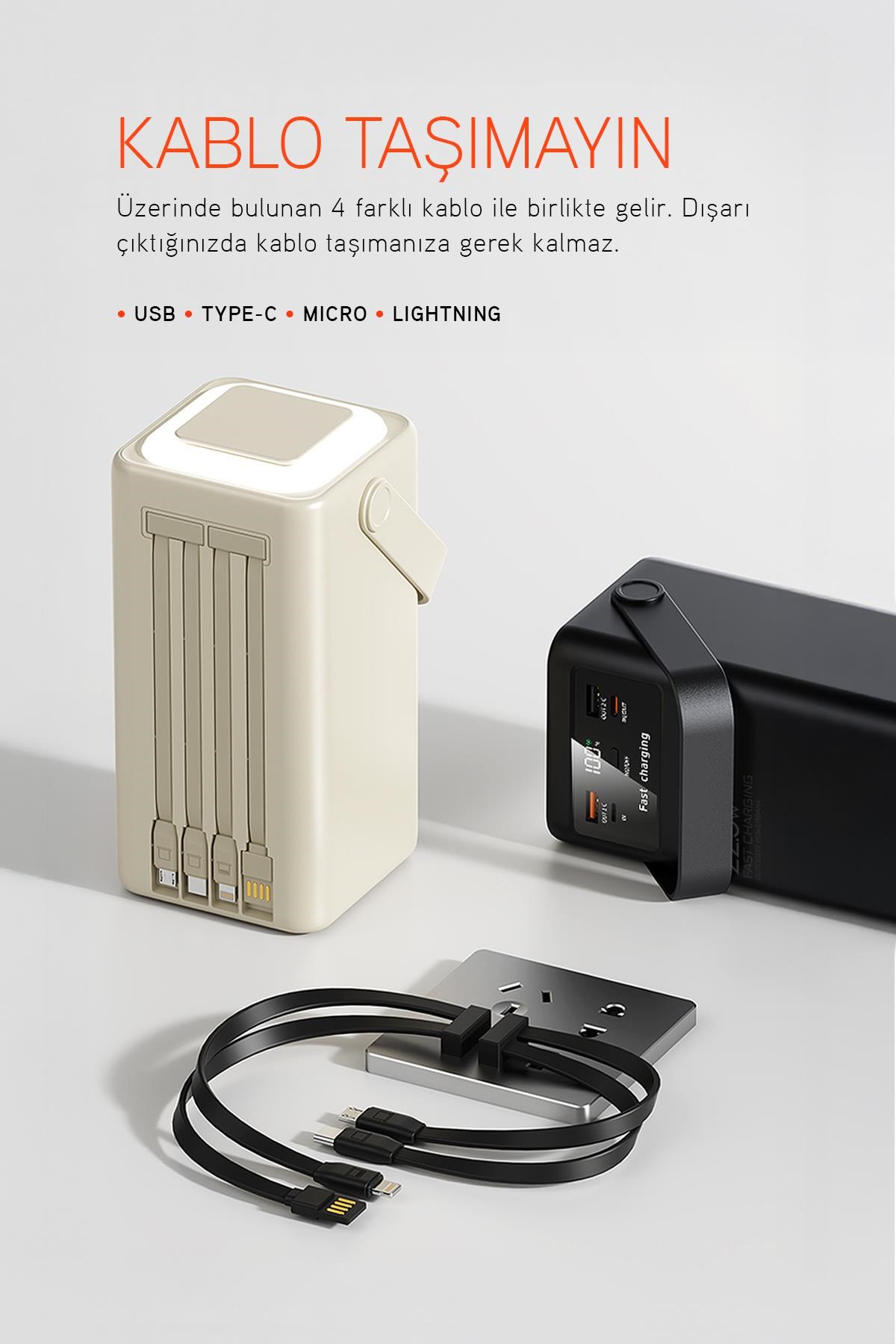 80.000 mAh PD 22.5W Hızlı Şarj Dahili Kablolu Kamp Taşınabilir Güç Kaynağı Beyaz PD80 Powerbank