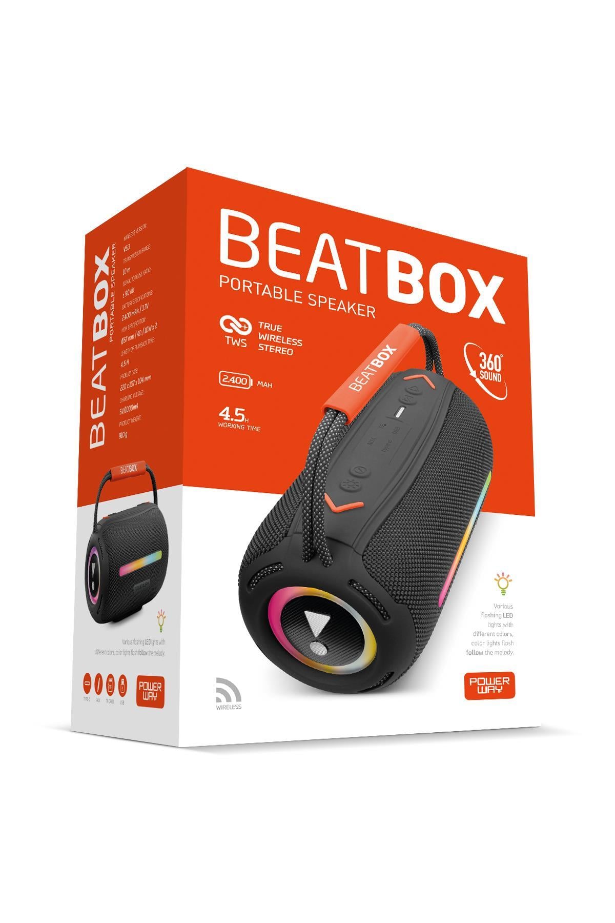 BeatBox Siyah Led Işıklı Dayanıklı Ses Bombası Usb Sd Aux FM Radyo Bluetooh Hoparlör