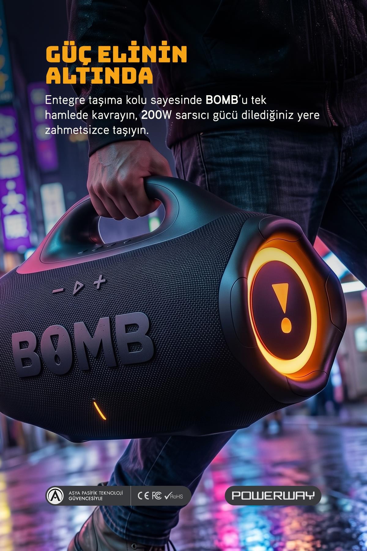 Bomb 200W Süper Çift Bass  Usb Hafıza Kartı Aux Led Işıklı Bluetooth Kablosuz Hoparlör Hi-Fi Ses Bombası