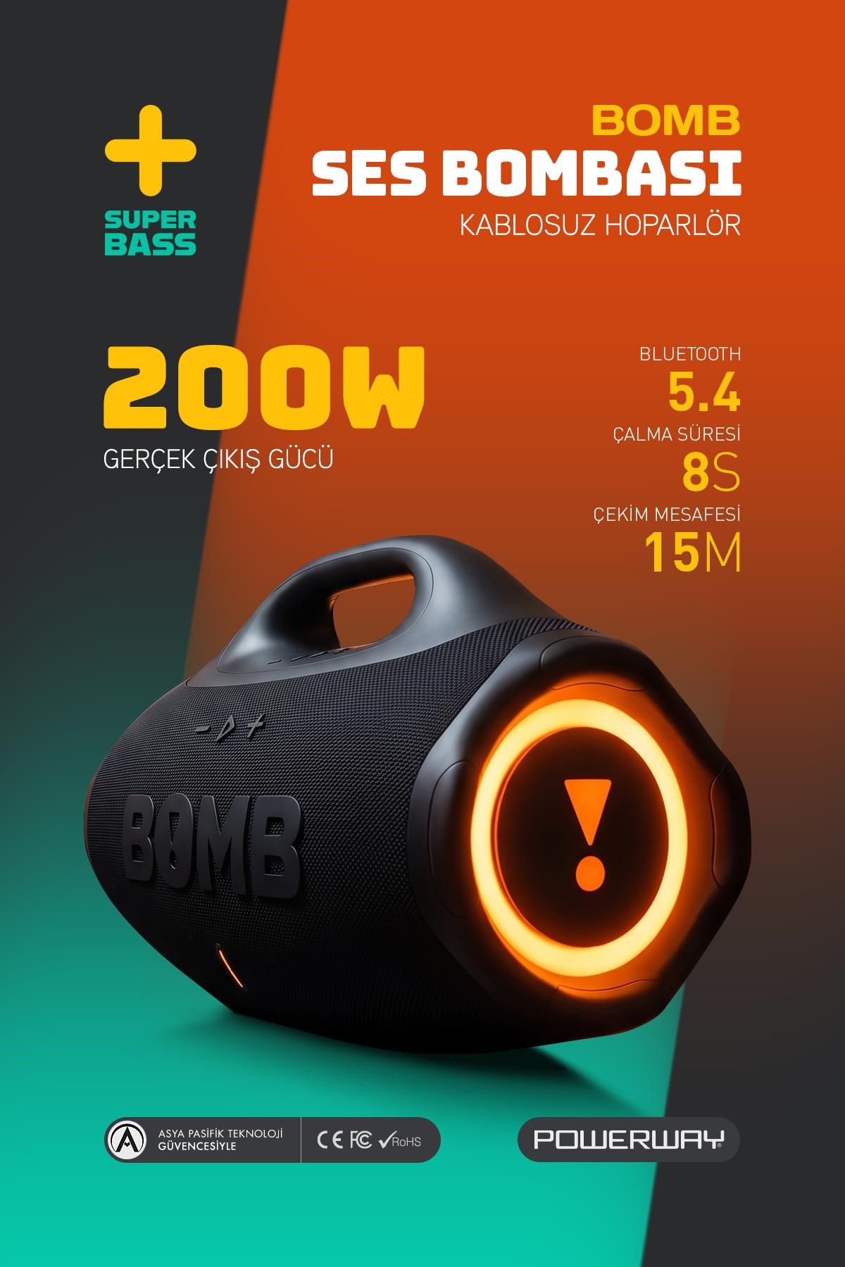 Bomb 200W Süper Çift Bass  Usb Hafıza Kartı Aux Radyo Led Işıklı Bluetooth Kablosuz Hoparlör Hi-Fi Ses Bombası