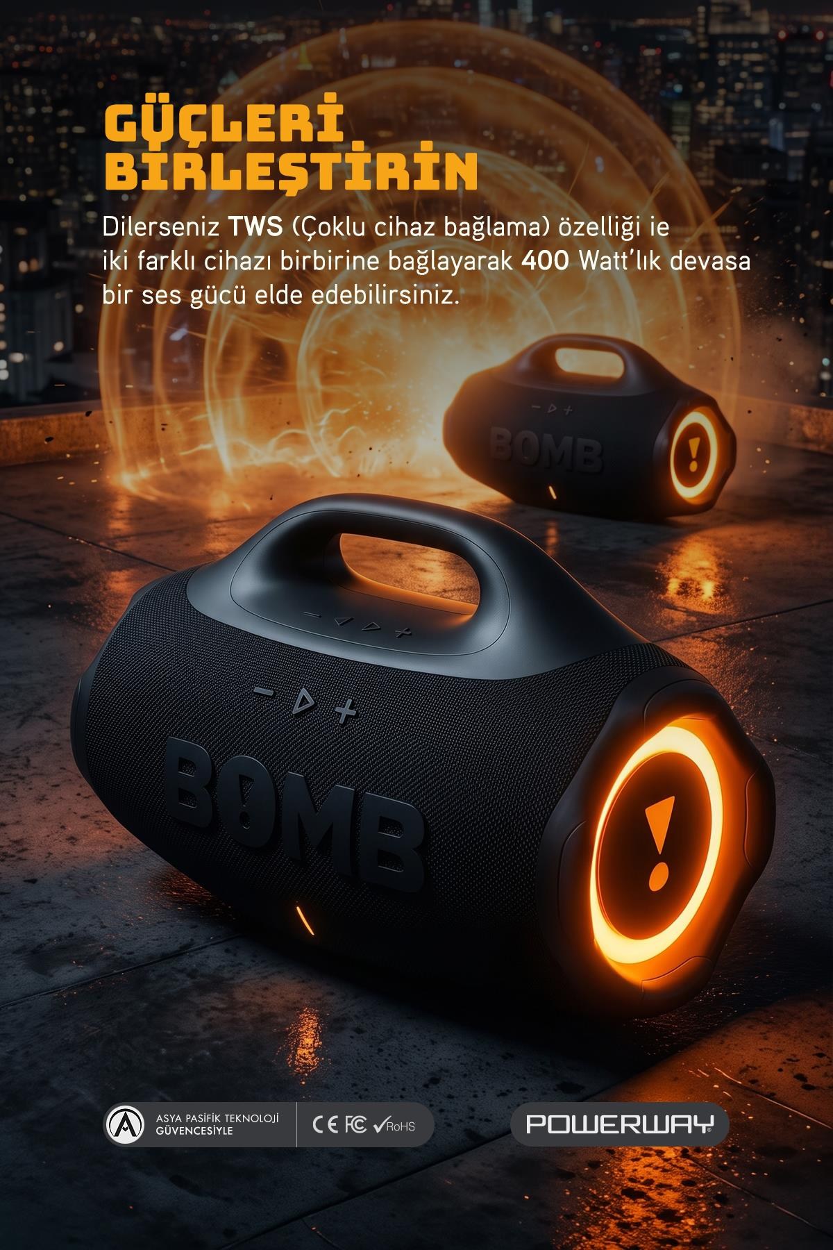 Bomb 200W Süper Çift Bass  Usb Hafıza Kartı Aux Led Işıklı Bluetooth Kablosuz Hoparlör Hi-Fi Ses Bombası