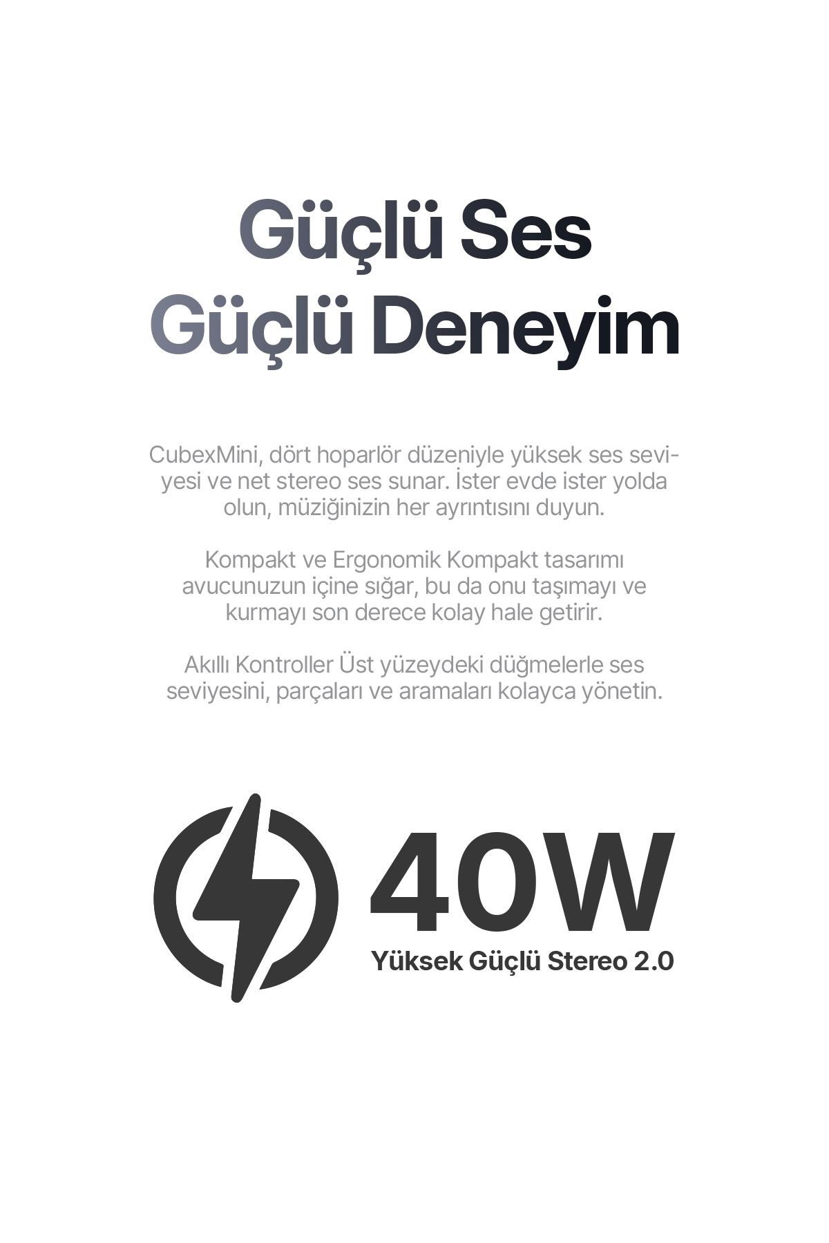CubexMini Bluetooth Hoparlör 40W Güçlü Ses, IPX2 Suya Dayanıklı, 20 Saat Çalma Süresi