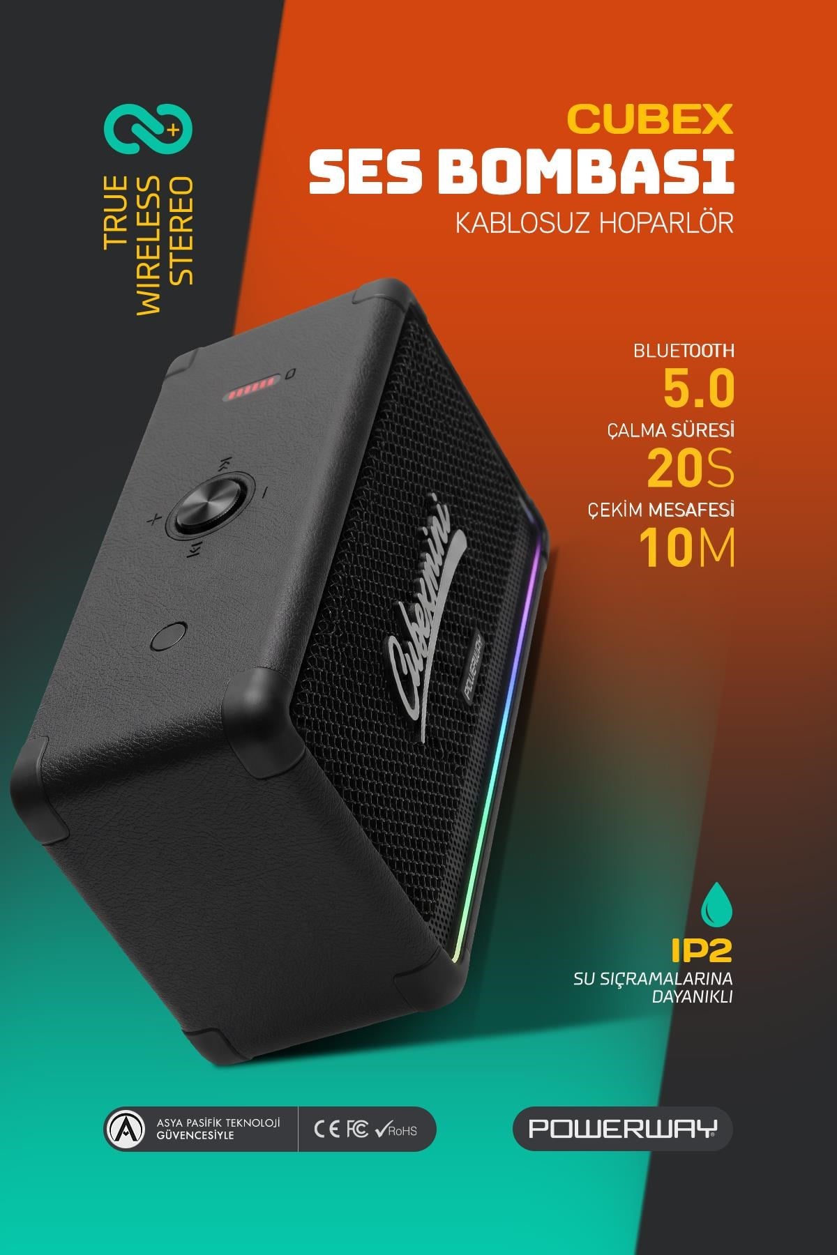 CubexMini Bluetooth Hoparlör 40W Güçlü Ses, IPX2 Suya Dayanıklı, 20 Saat Çalma Süresi