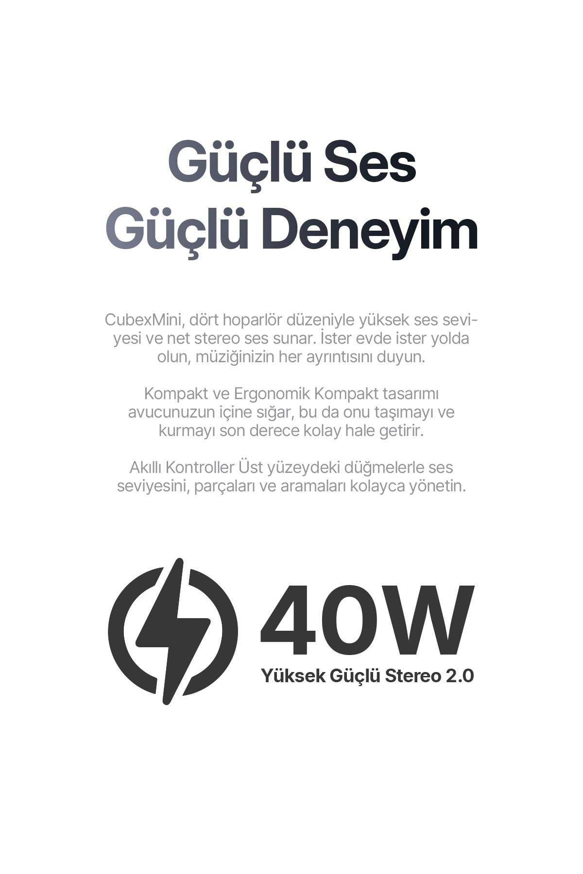 CubexMini Bluetooth Hoparlör 40W Güçlü Ses, IPX2 Suya Dayanıklı, 20 Saat Çalma Süresi