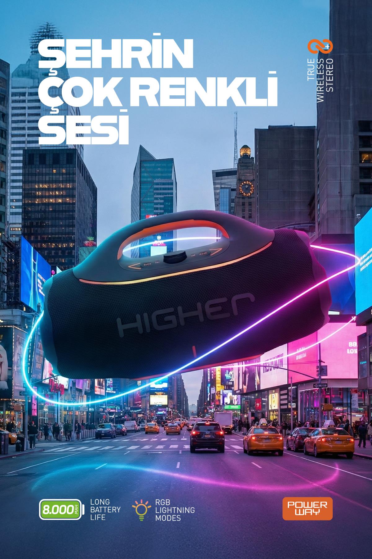 Higher 120W 4x Güç Usb Hafıza Kartı Aux Fm Led Işıklı Bluetooth Hoparlör 8000 mAh Ses Bombası