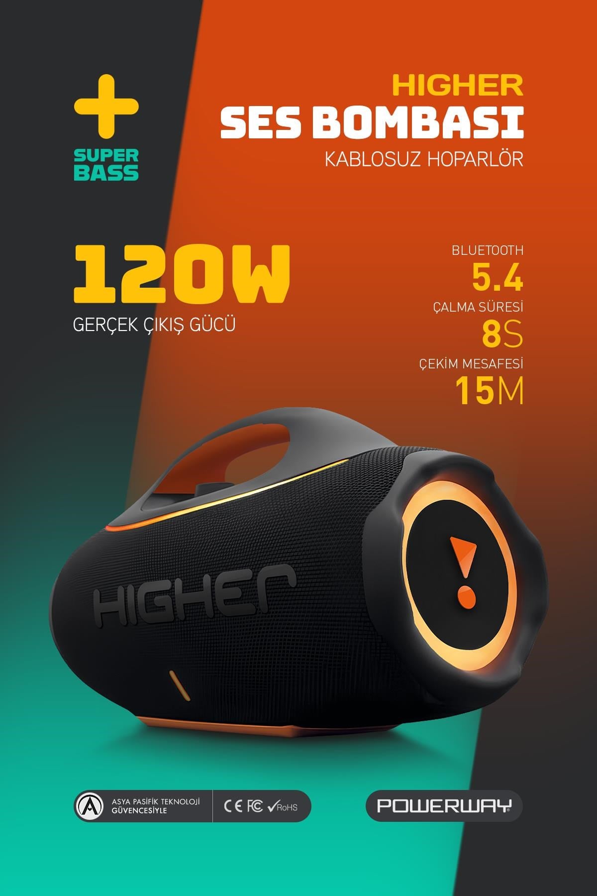 Higher 120W 4x Güç Usb Hafıza Kartı Aux Fm Led Işıklı Bluetooth Hoparlör 8000 mAh Ses Bombası