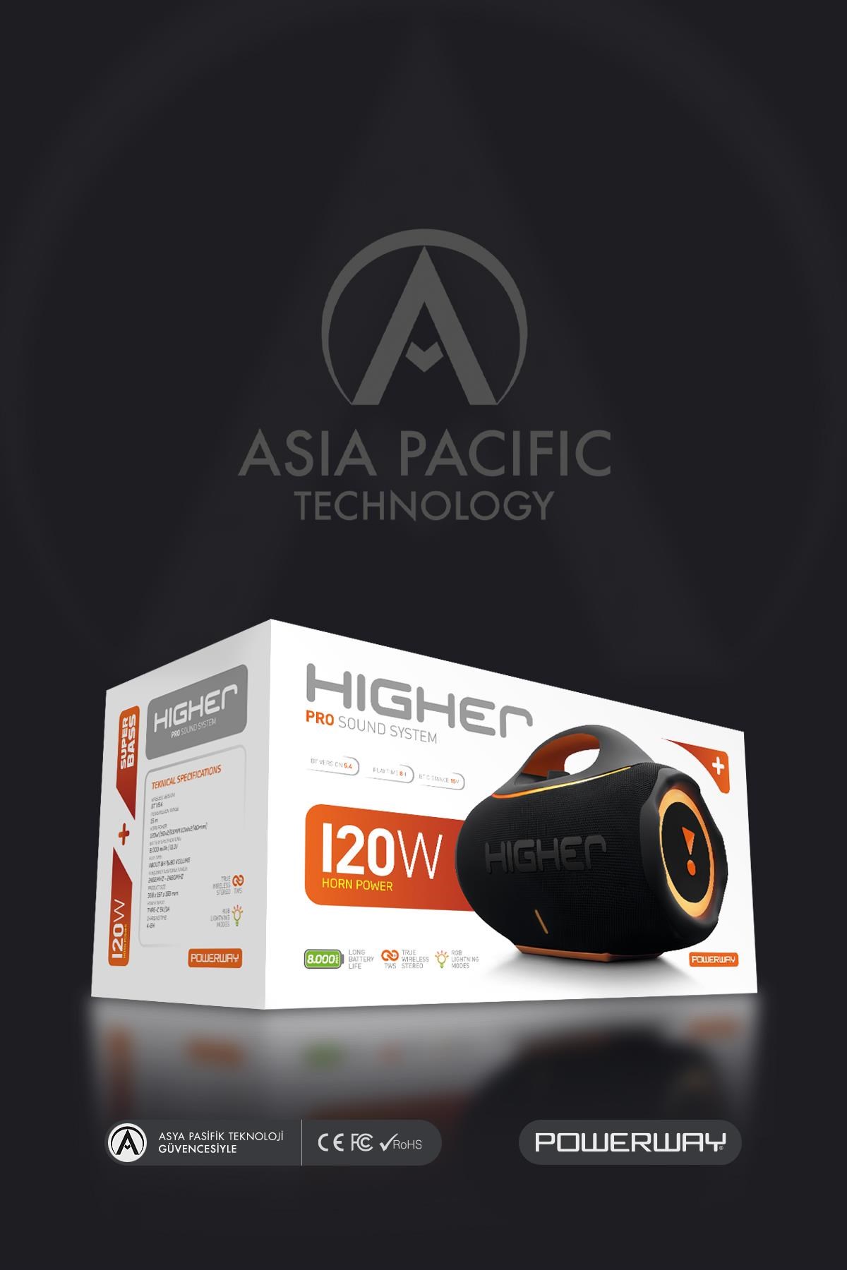 Higher 120W 4x Güç Usb Hafıza Kartı Aux Fm Led Işıklı Bluetooth Hoparlör 8000 mAh Ses Bombası