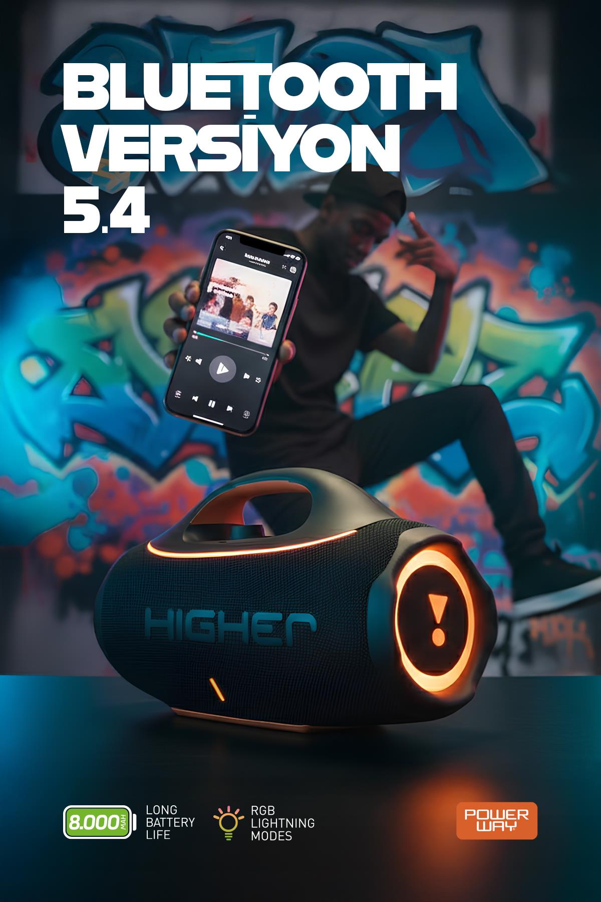 Higher 120W 4x Güç Usb Hafıza Kartı Aux Fm Led Işıklı Bluetooth Hoparlör 8000 mAh Ses Bombası