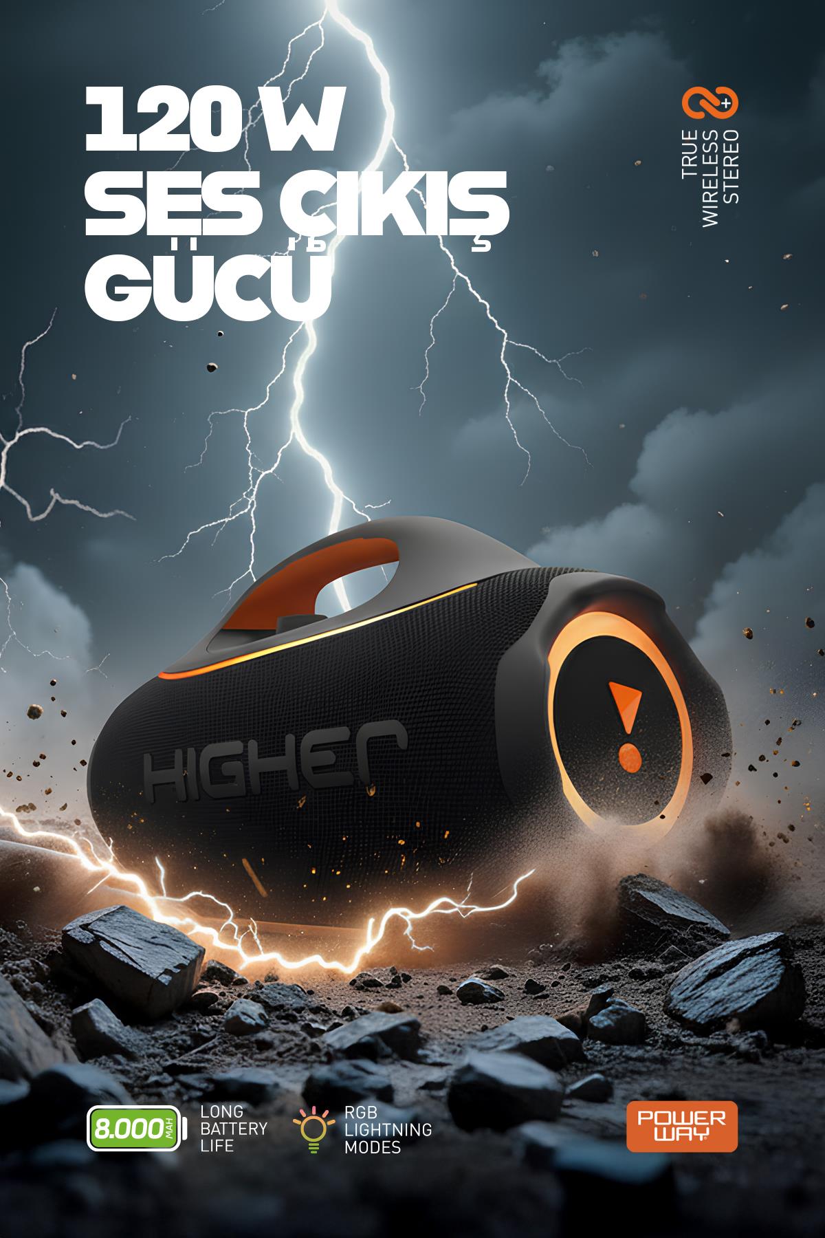 Higher 120W 4x Güç Usb Hafıza Kartı Aux Fm Led Işıklı Bluetooth Hoparlör 8000 mAh Ses Bombası