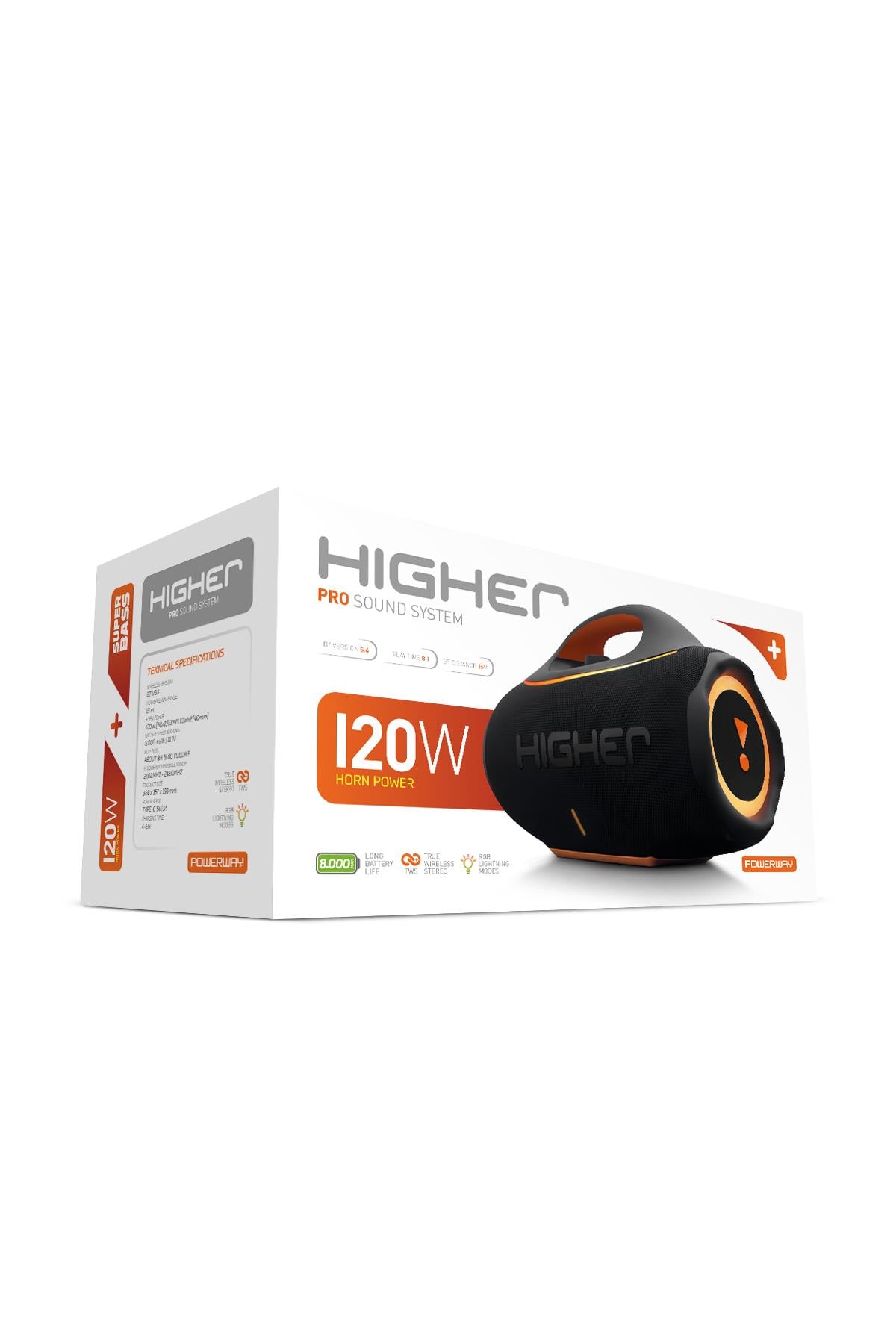 Higher 120W 4x Güç Usb Hafıza Kartı Aux Fm Led Işıklı Bluetooth Hoparlör 8000 mAh Ses Bombası