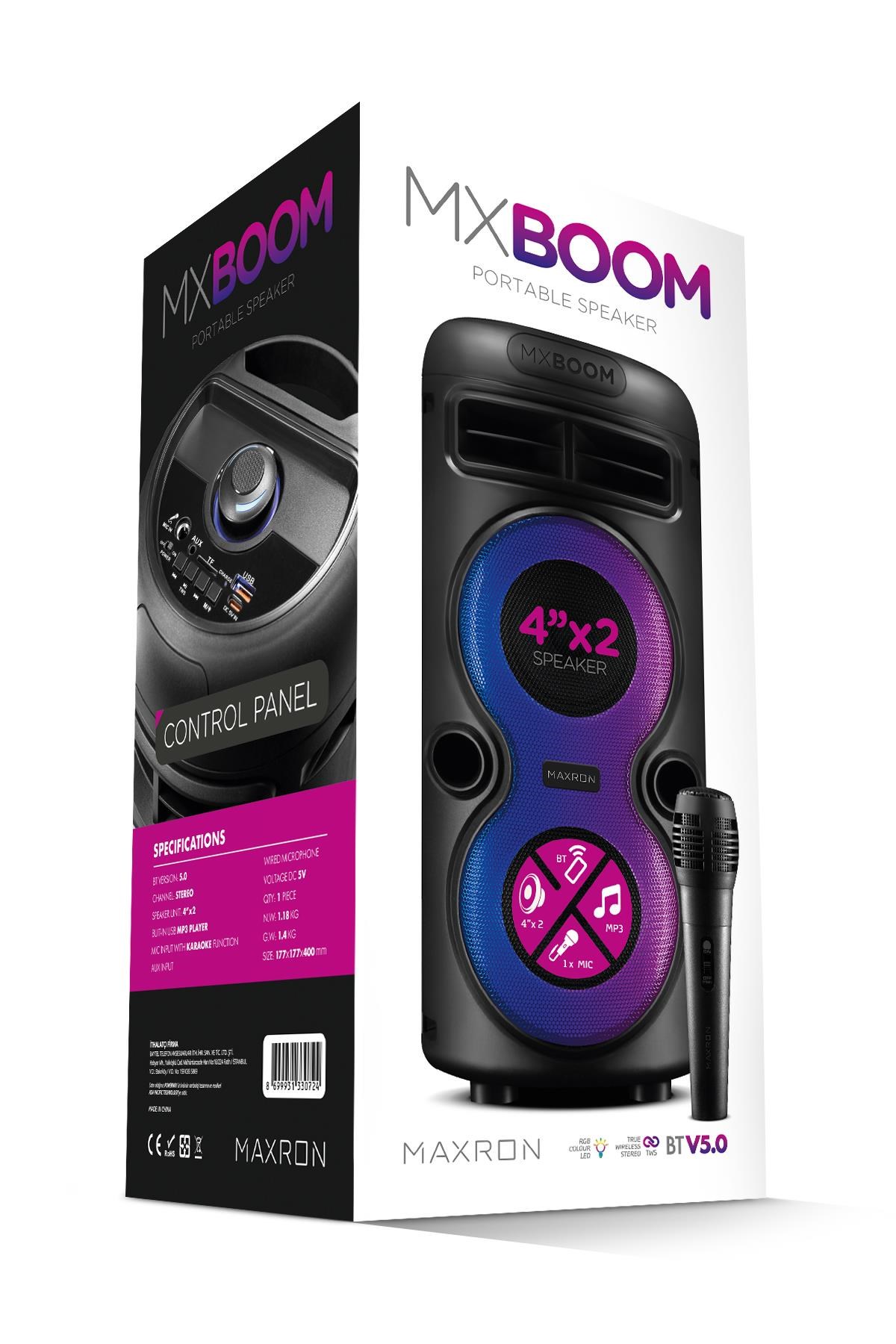 Maxron MXBoom Karaoke Mikrofonlu Bluetooth Hoparlör Parti Led Işıklı Ses Sistemi