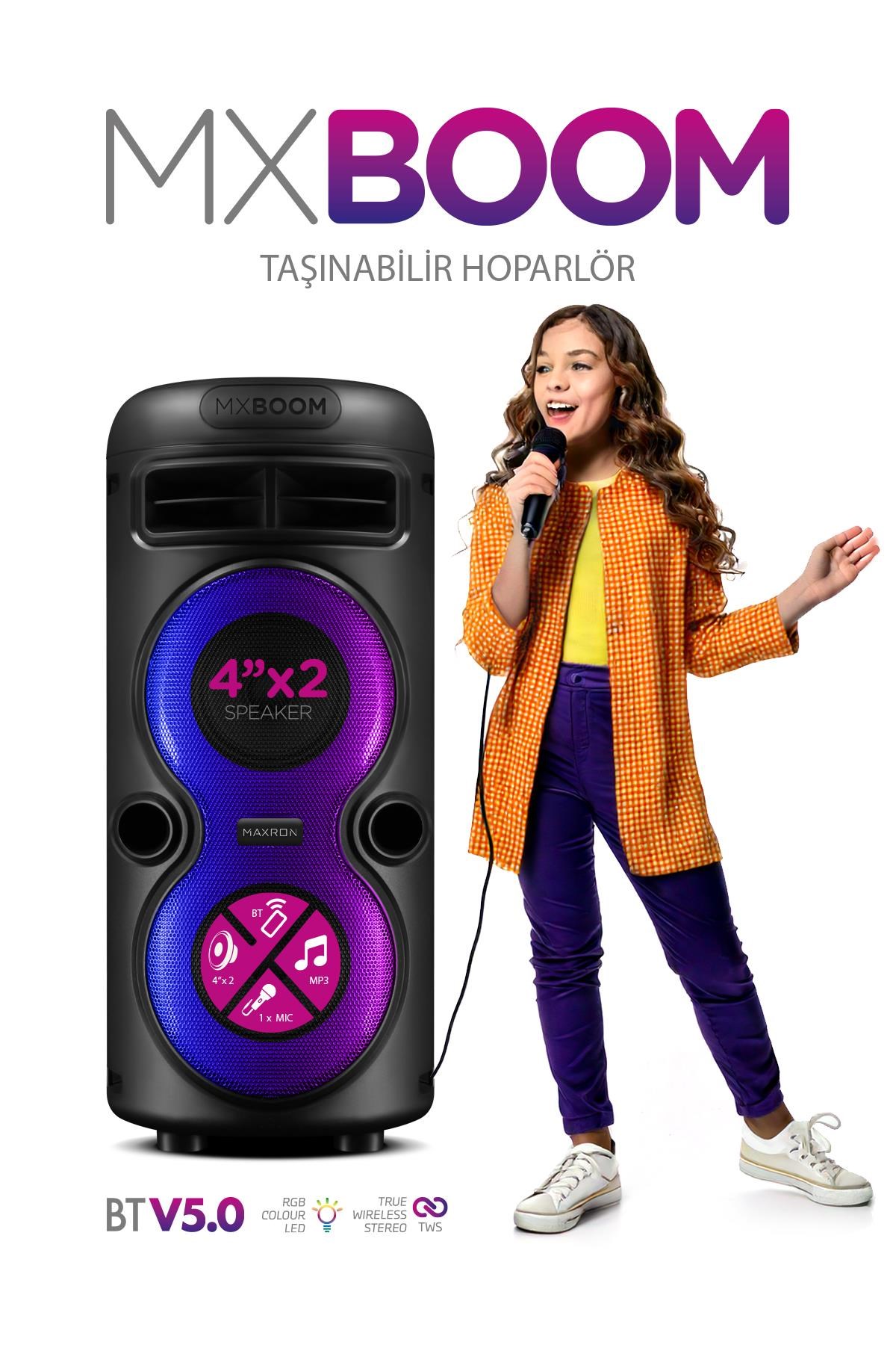 Maxron MXBoom Karaoke Mikrofonlu Bluetooth Hoparlör Parti Led Işıklı Ses Sistemi