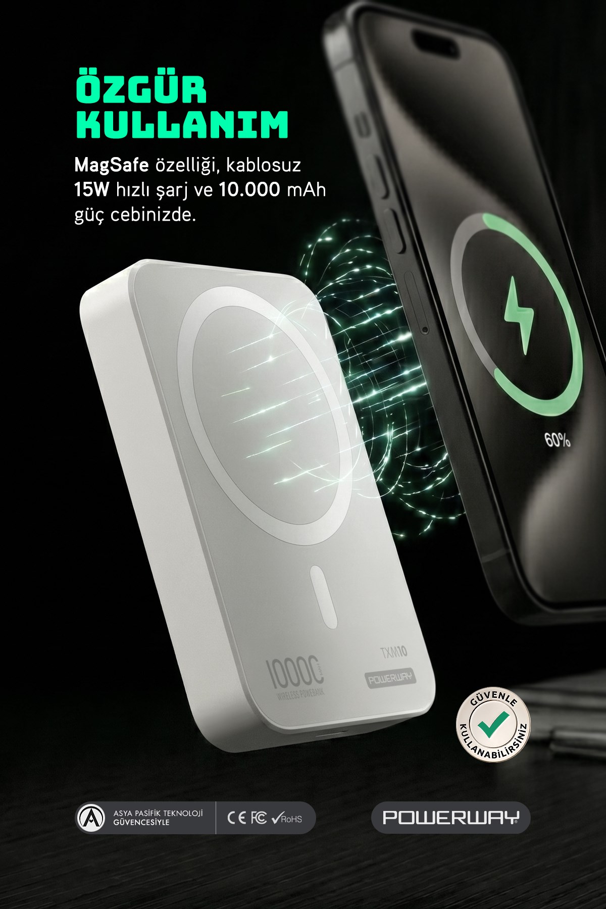 Powerway 10.000 mAh PD 15W Magsafe Kablosuz Wireless Taşınabilir Şarj Cihazı Beyaz Powerbank TXM10