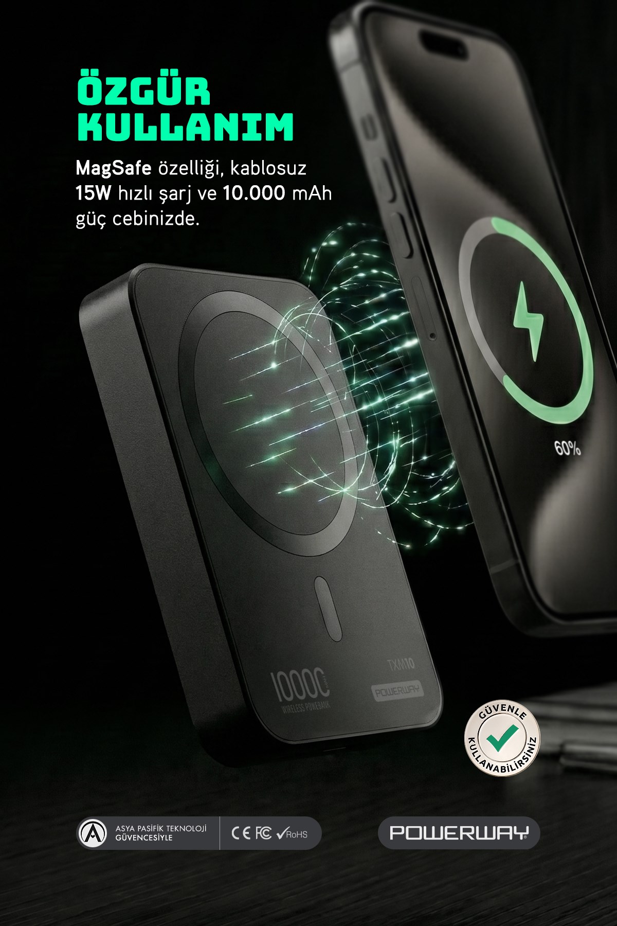 Powerway 10.000 mAh PD 15W Magsafe Kablosuz Wireless Taşınabilir Şarj Cihazı Siyah Powerbank TXM10
