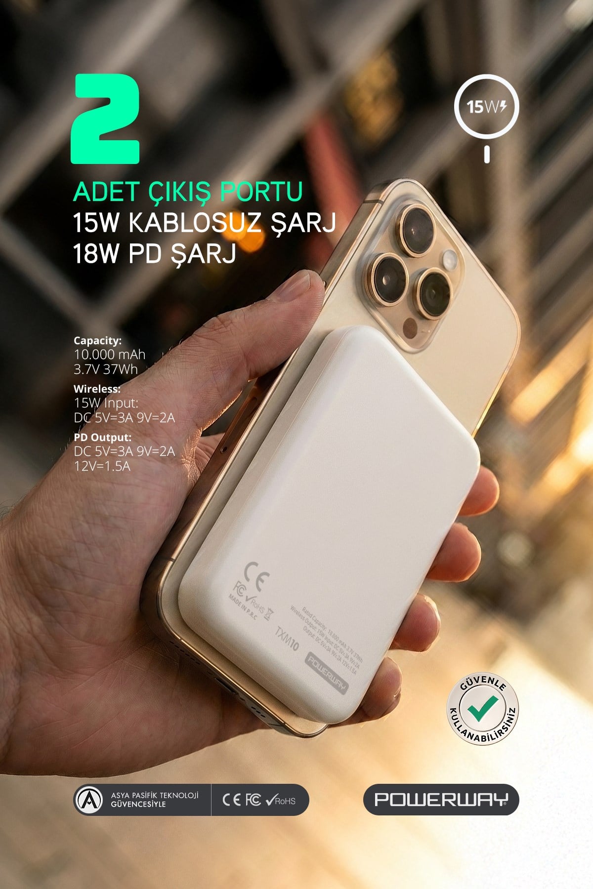 Powerway 10.000 mAh PD 15W Magsafe Kablosuz Wireless Taşınabilir Şarj Cihazı Beyaz Powerbank TXM10