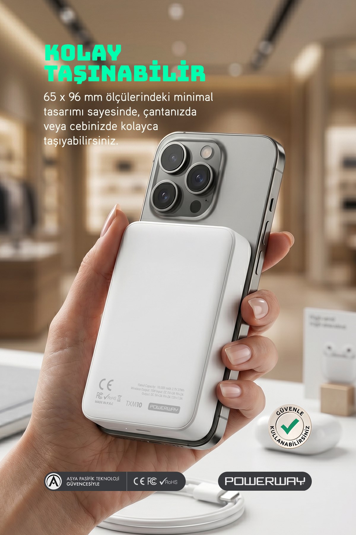 Powerway 10.000 mAh PD 15W Magsafe Kablosuz Wireless Taşınabilir Şarj Cihazı Beyaz Powerbank TXM10