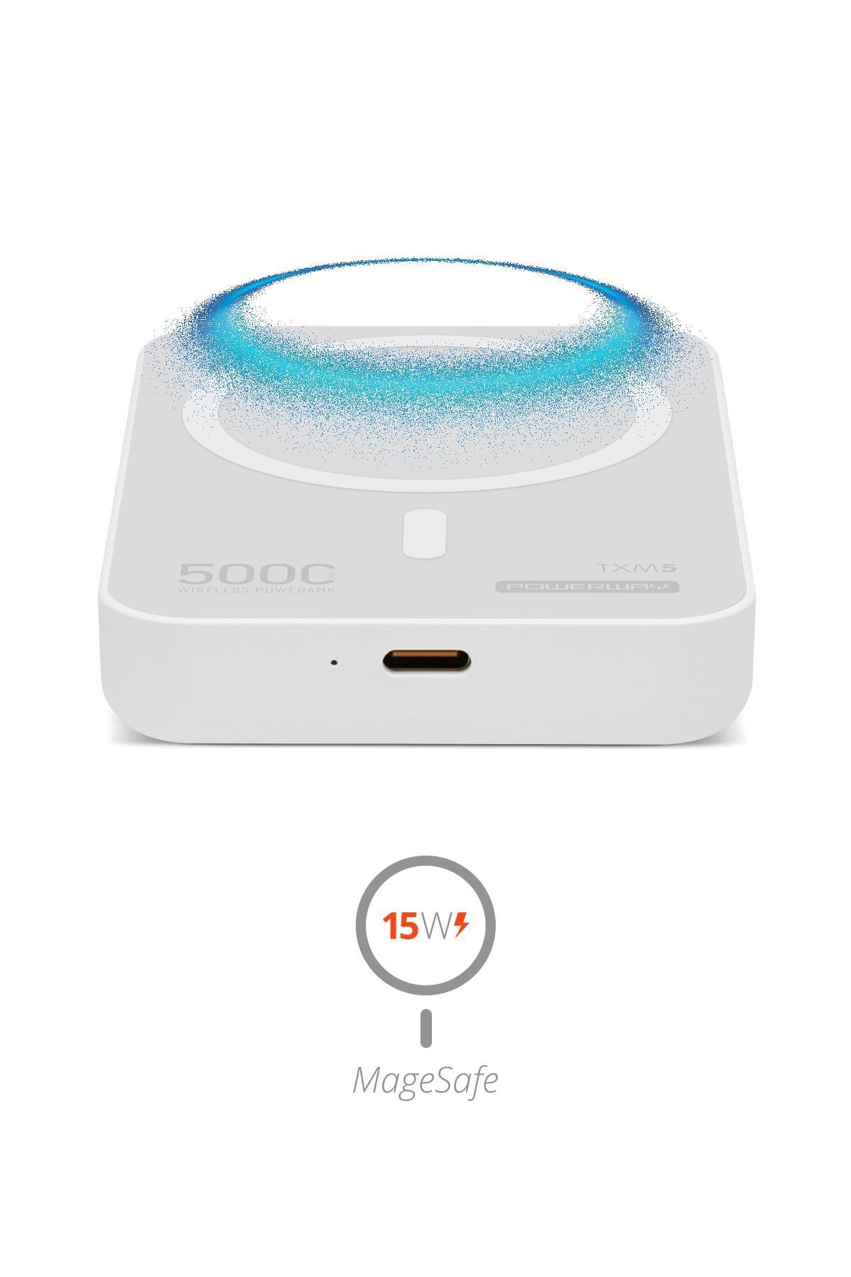 Powerway 5.000 mAh PD 15W Magsafe Kablosuz Wireless Taşınabilir Şarj Cihazı Beyaz Powerbank TXM5