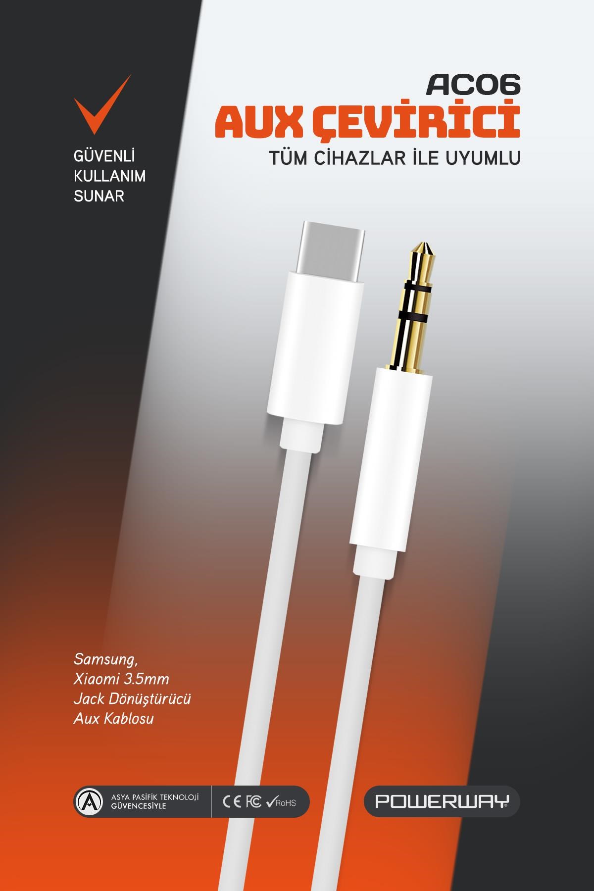 Powerway AC06 Type-C to 3.5mm Erkek Aux Dönüştürücü Aux Çevirici