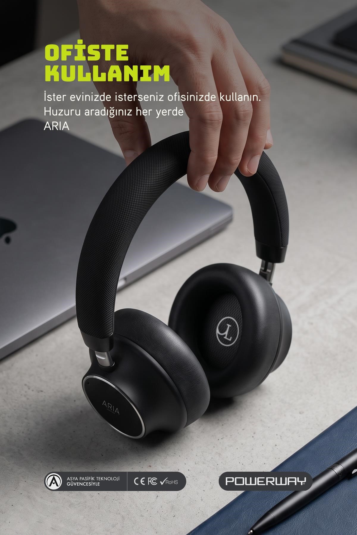 Powerway Aria Kulak Üstü Bluetooth Kulaklık Siyah Kablosuz Ayarlanabilir Aktif Gürültü Önleyici