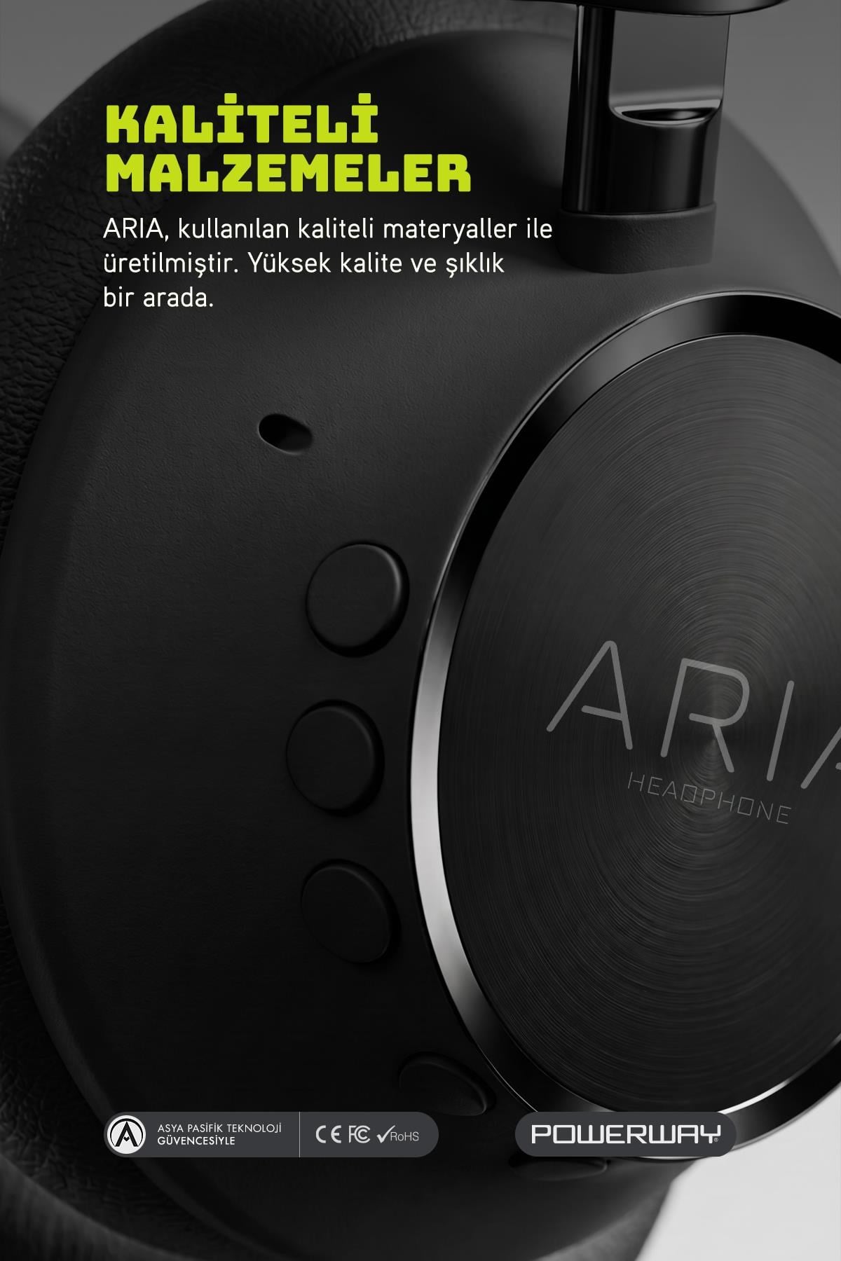 Powerway Aria Kulak Üstü Bluetooth Kulaklık Siyah Kablosuz Ayarlanabilir Aktif Gürültü Önleyici
