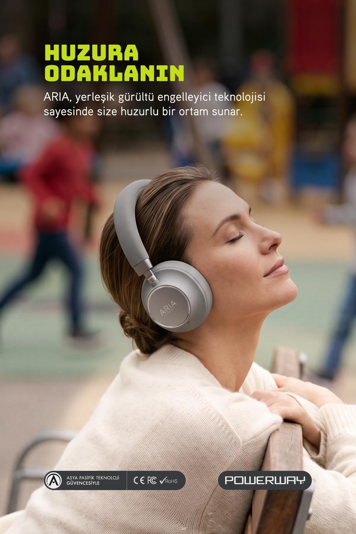 Powerway Aria Kulak Üstü Bluetooth Kulaklık Gümüş Kablosuz Ayarlanabilir Aktif Gürültü Önleyici