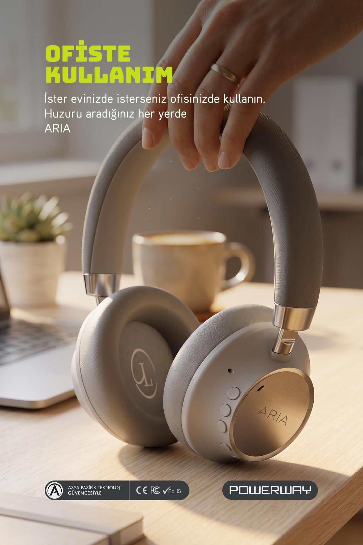 Powerway Aria Kulak Üstü Bluetooth Kulaklık Gümüş Kablosuz Ayarlanabilir Aktif Gürültü Önleyici