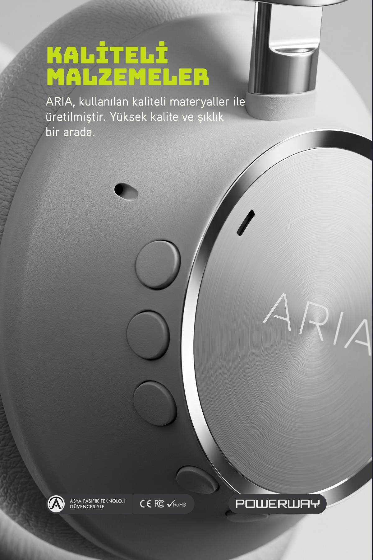 Powerway Aria Kulak Üstü Bluetooth Kulaklık Gümüş Kablosuz Ayarlanabilir Aktif Gürültü Önleyici