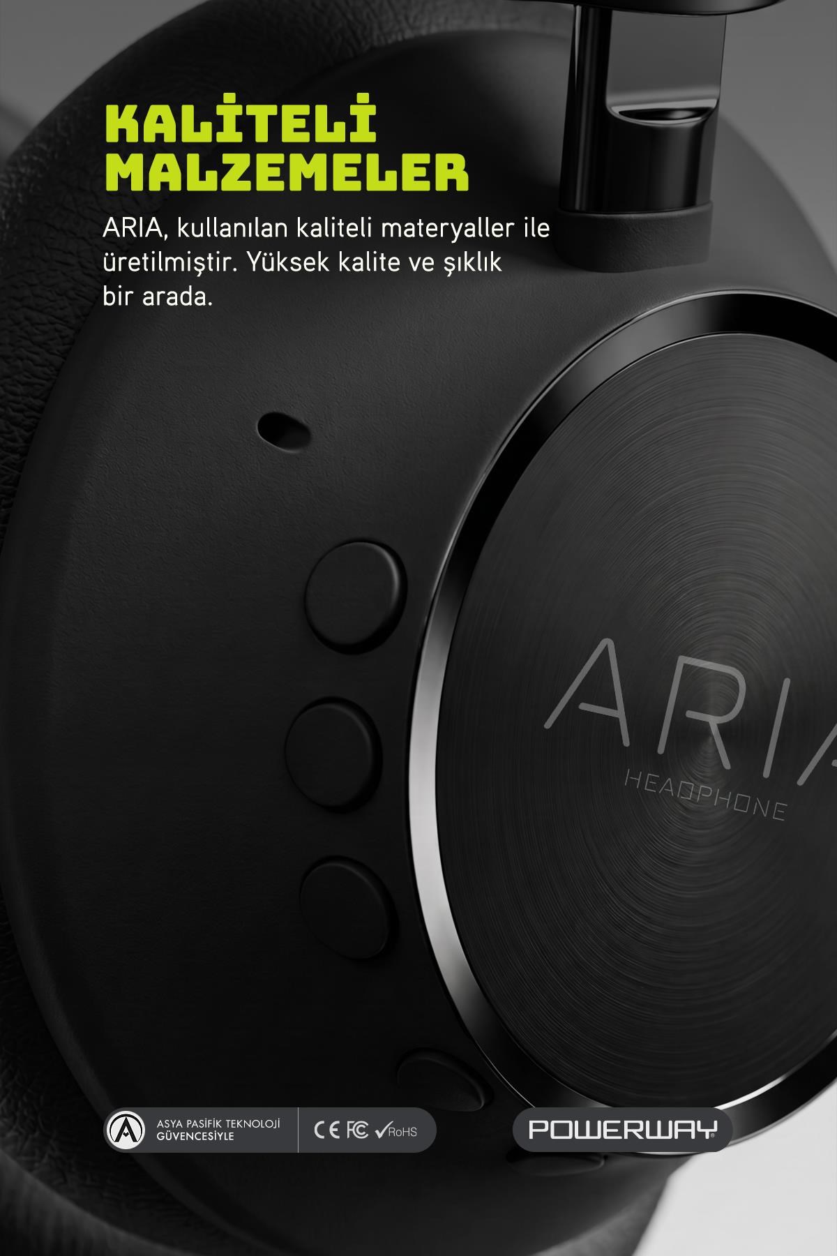 Powerway Aria Kulak Üstü Bluetooth Kulaklık Siyah Kablosuz Ayarlanabilir Aktif Gürültü Önleyici
